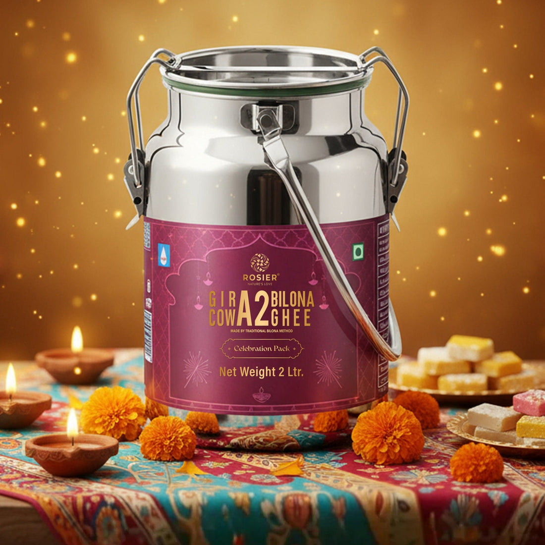 Rosier Foods Gir Cow A2 ghee - Made From Curd (2 Ltr - Steel Dolchi) 2 Ltr (Steel Dolchi)