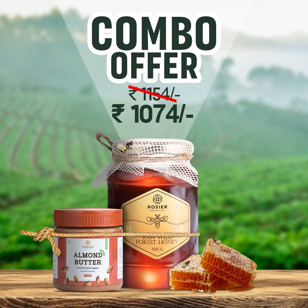 Rosier Foods Wild Forest Honey 500gm + Almond Crunchy Nut Butter 300gm 500gm + 300gm