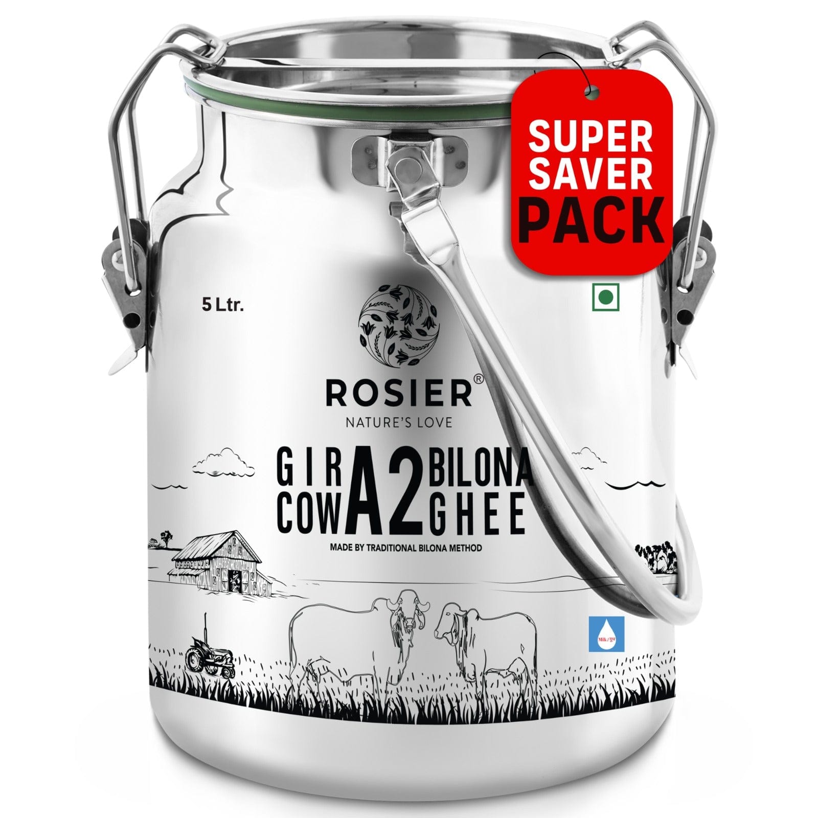 Gir Cow A2 ghee - Made From Curd (5 Ltr - Steel Dolchi)