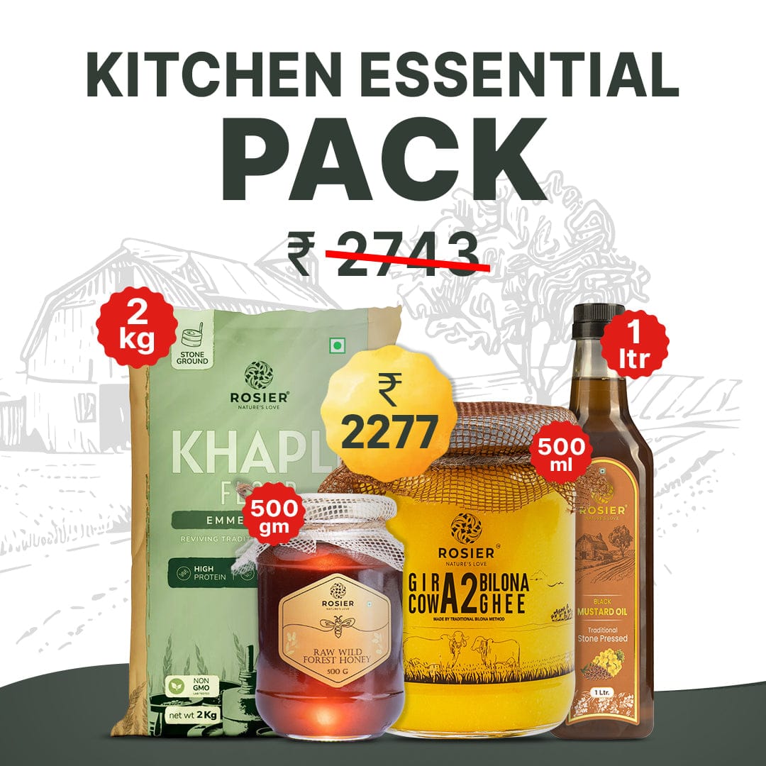 Rosier Foods Essential Kitchen Pack 2kg Khapli Atta + 500ml Ghee + 500gm Honey + 1L Oil