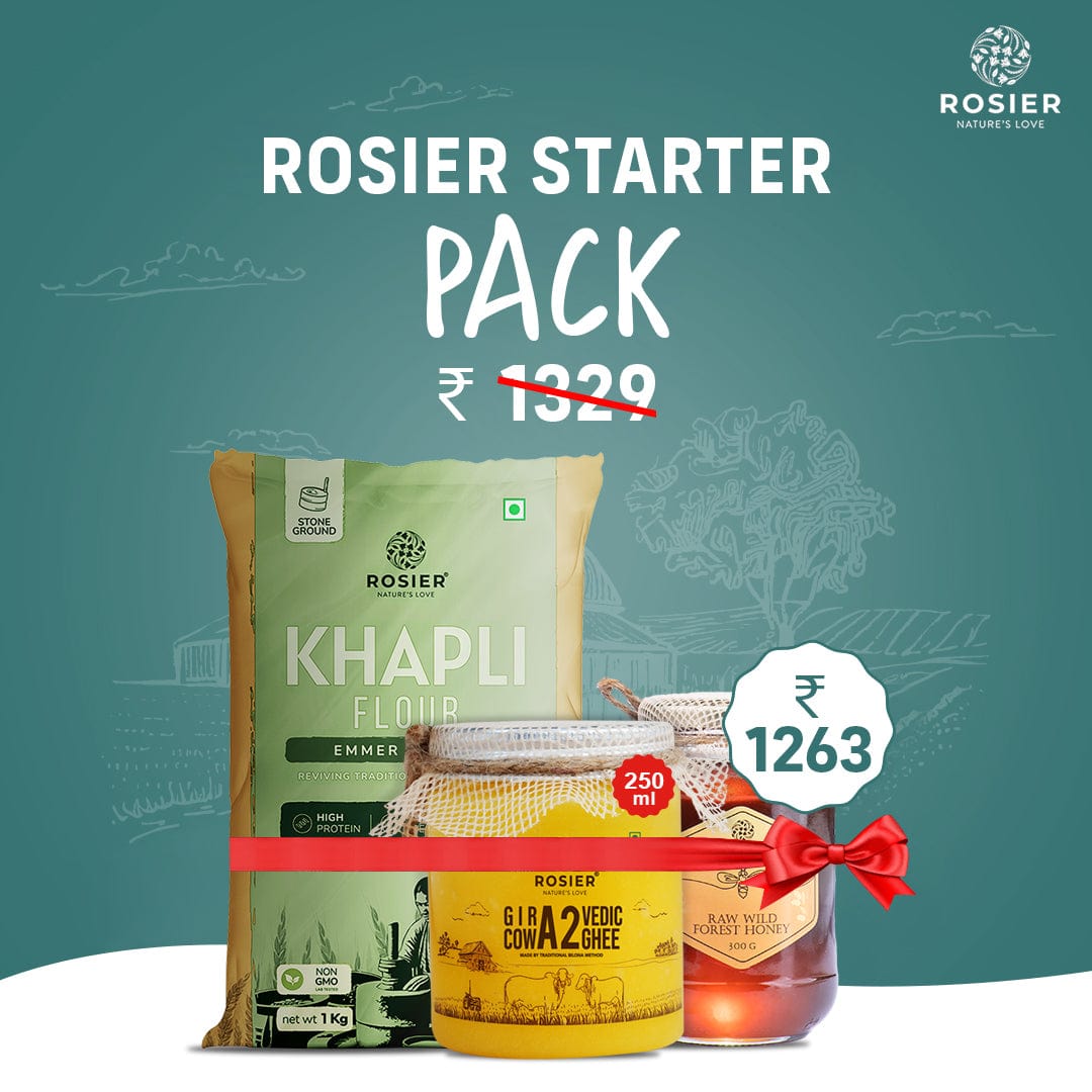 Rosier Foods Starter Pack 1kg Khapli Atta + 250ml Ghee + 300gm Honey
