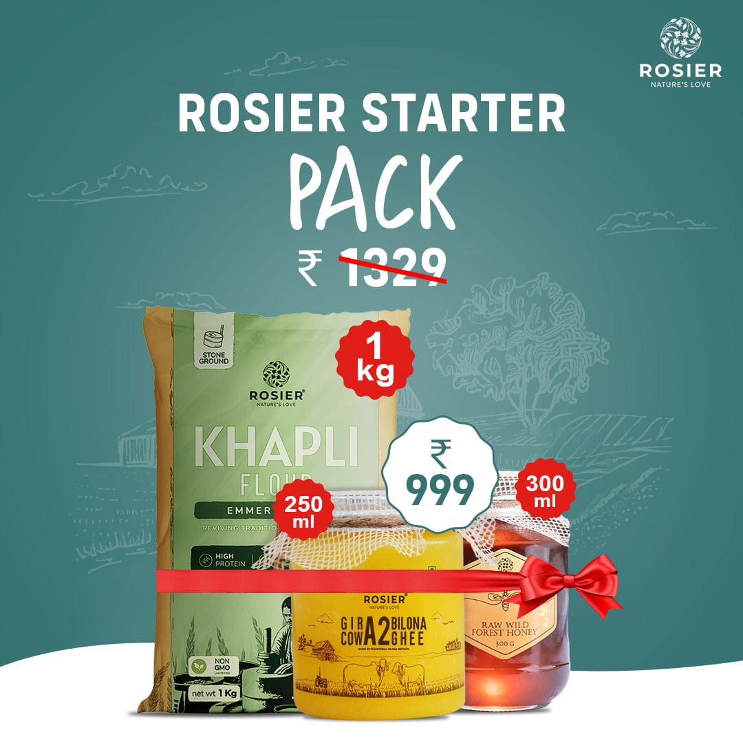 Rosier Foods Starter Pack 1kg Khapli Atta + 250ml Ghee + 300gm Honey