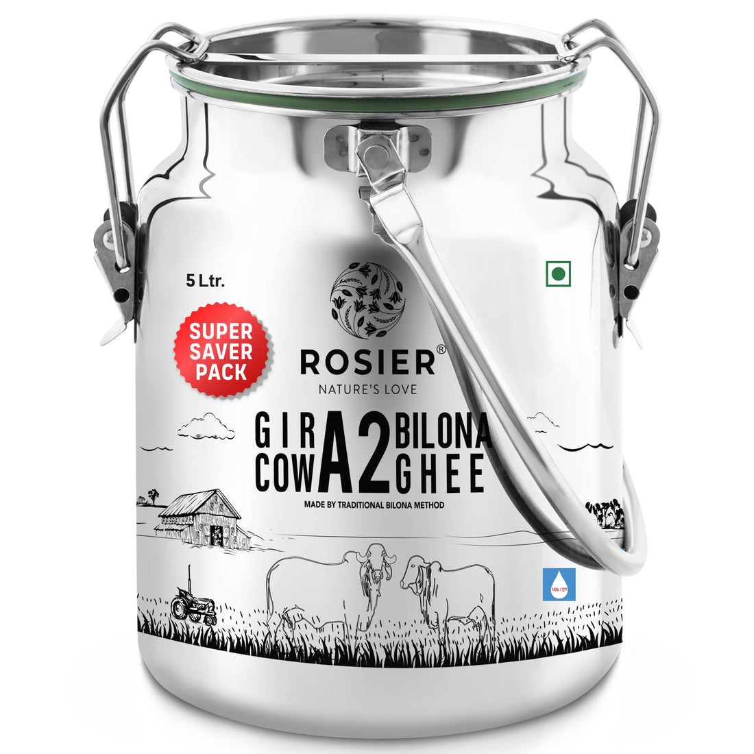 Rosier Foods Gir Cow A2 Ghee - Made From Curd 5 Ltr (Steel Dolchii)