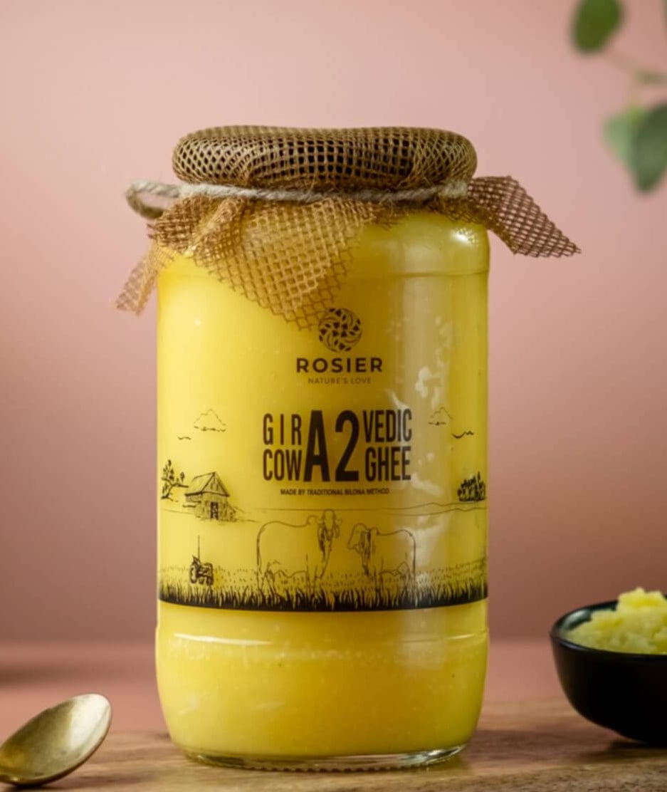 Rosier Foods Gir Cow A2 ghee - Made From Curd 5 Ltr (5 Glass Jars)