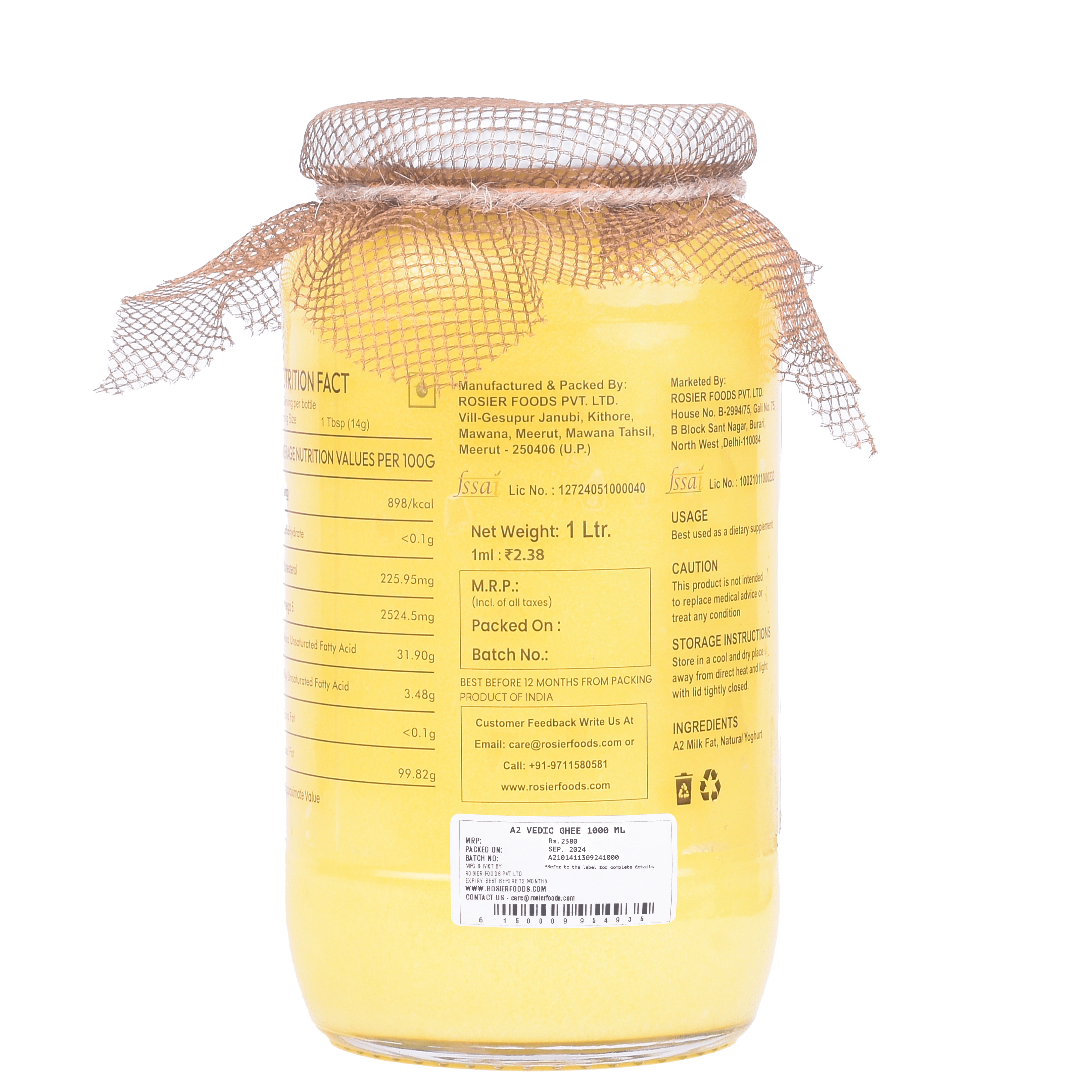 Rosier Foods Gir Cow A2 ghee - Made From Curd