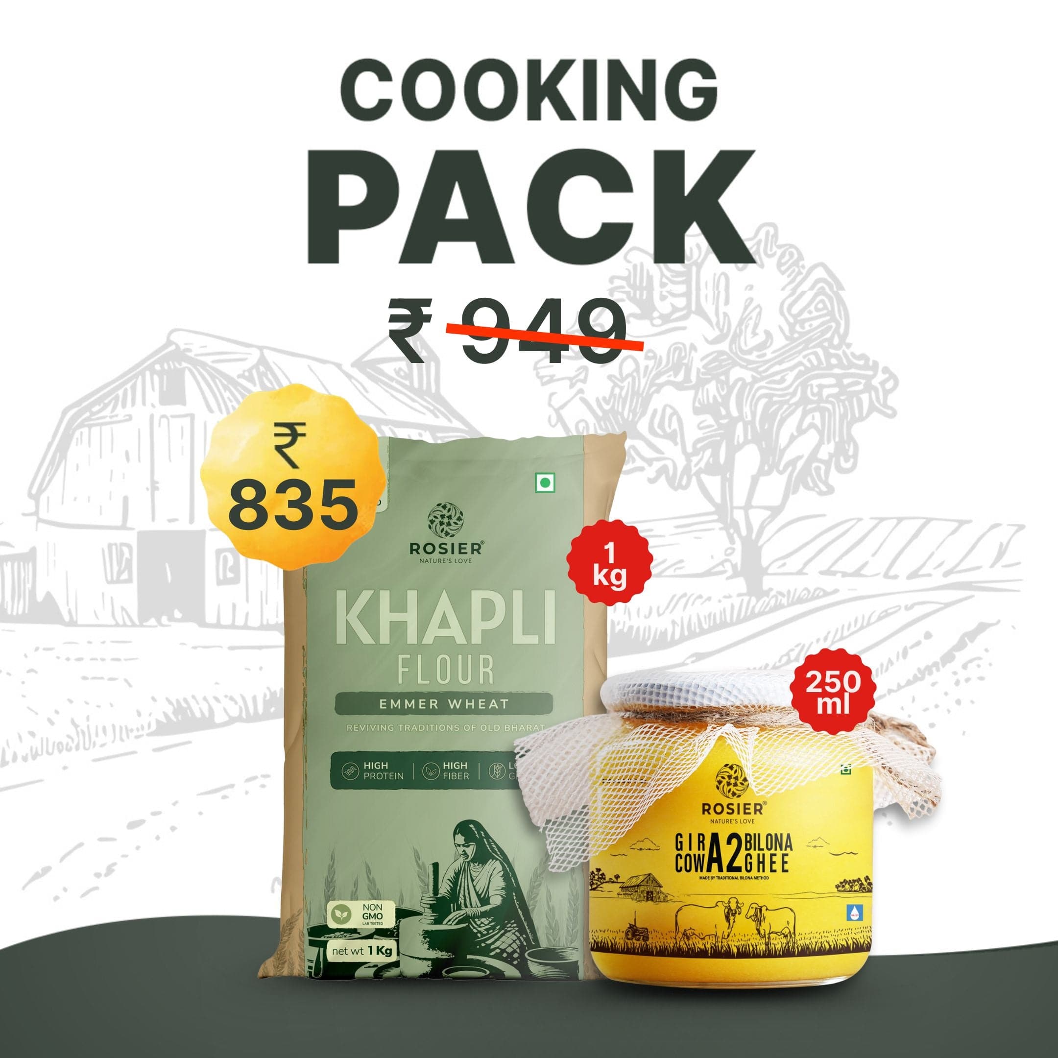 Rosier Foods Cooking Pack 1kg Khapli Atta + 250ML Ghee
