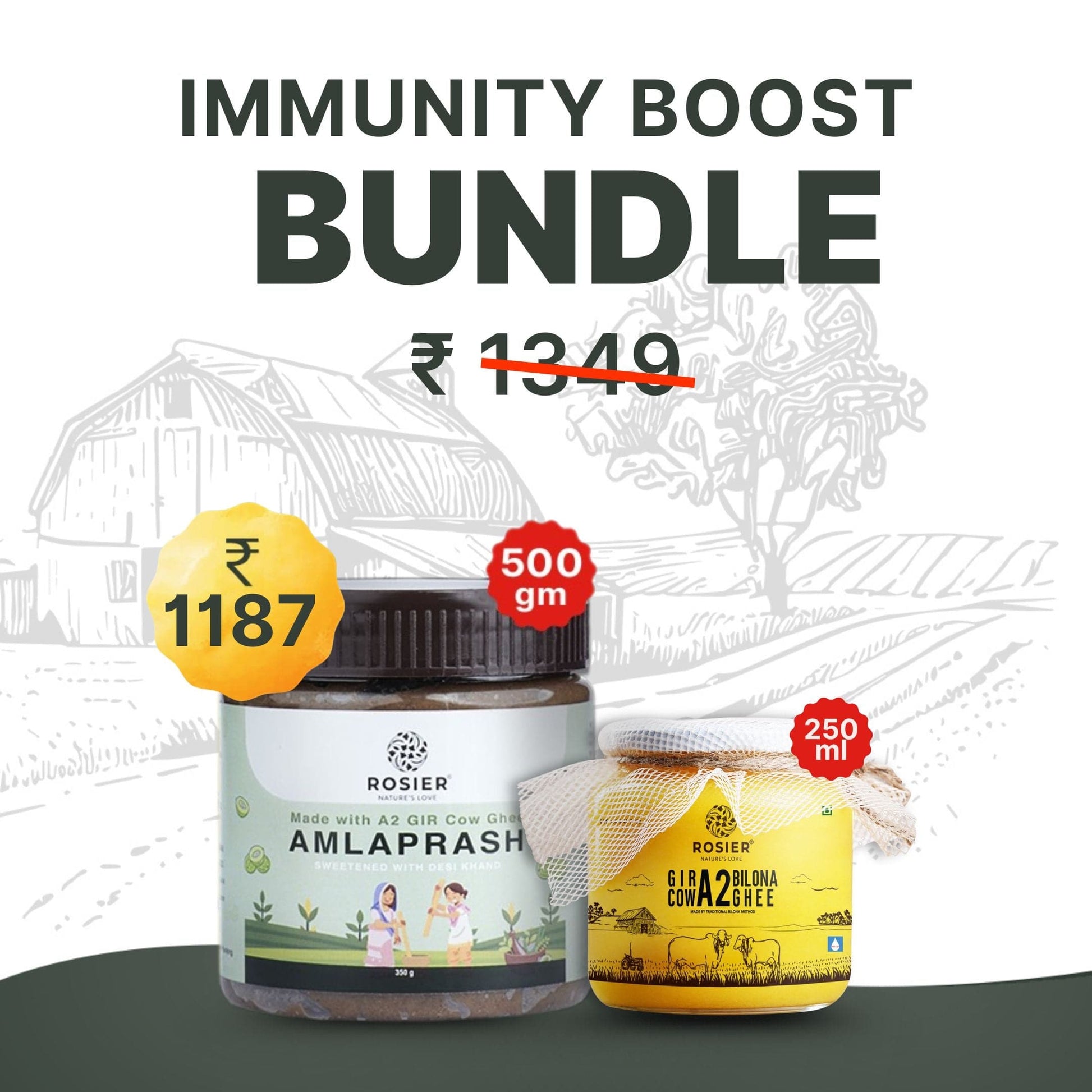 Rosier Foods Immunity Boost Bundle Amlaprash 500gm + A2 Desi Ghee 250ml