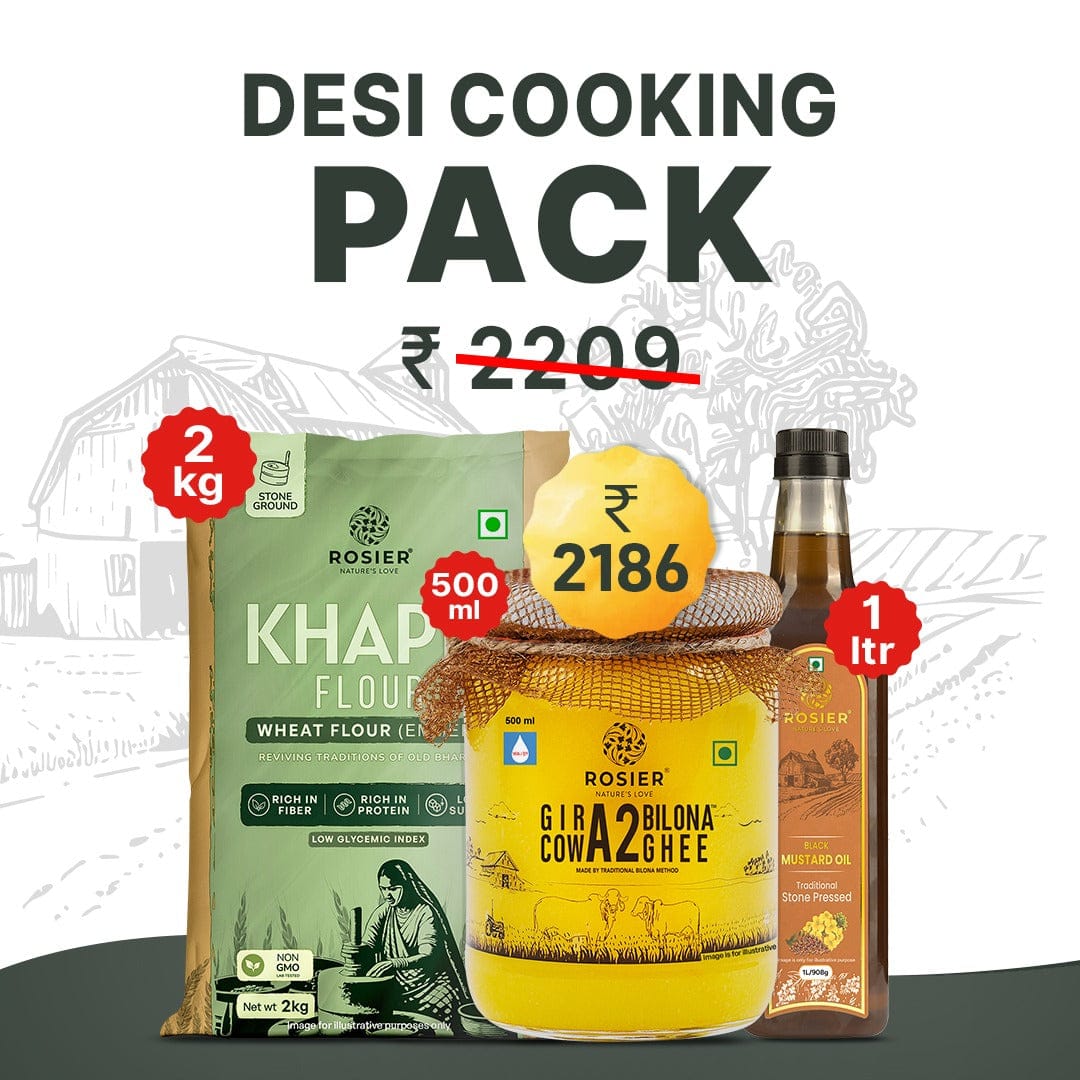 Desi Cooking Pack 2kg Khapli Atta + 500ml Ghee + 1L Oil