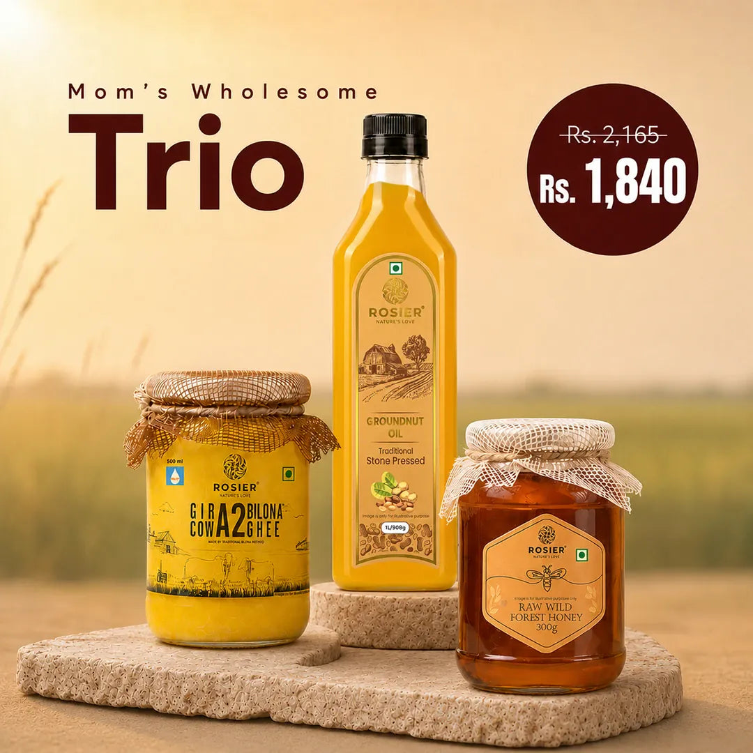 Mom's Wholesome Trio A2 Ghee 500 ML + Groundnut Oil 1 Ltr + Wild Forest Honey 300g