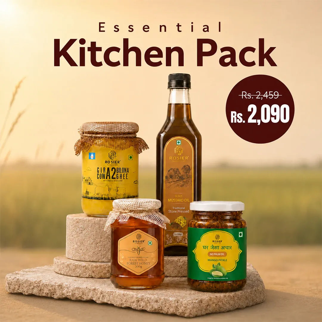 Essential Kitchen Pack A2 Ghee 500ML + Black Mustard Oil 1 Ltr + Wild Forest Honey 300g + Mango Pickle