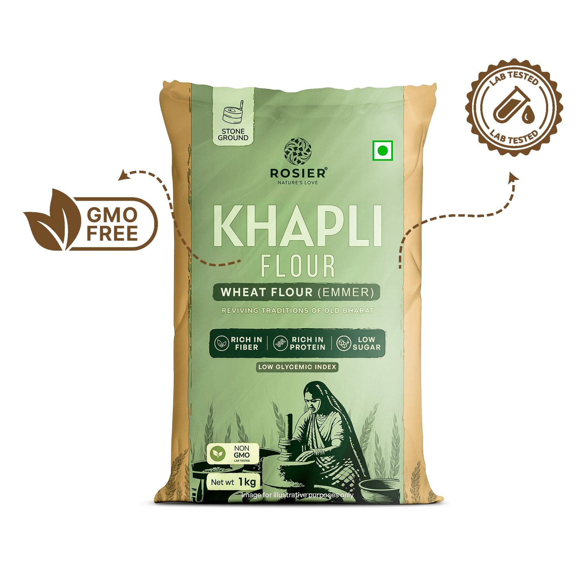 Khapli (Emmer) Wheat Atta - Stone Ground Khapli Wheat Flour – Low GI, High Fiber – 100% Non-GMO Heritage Grain – Supports Digestion & Metabolic Health 1 Kg