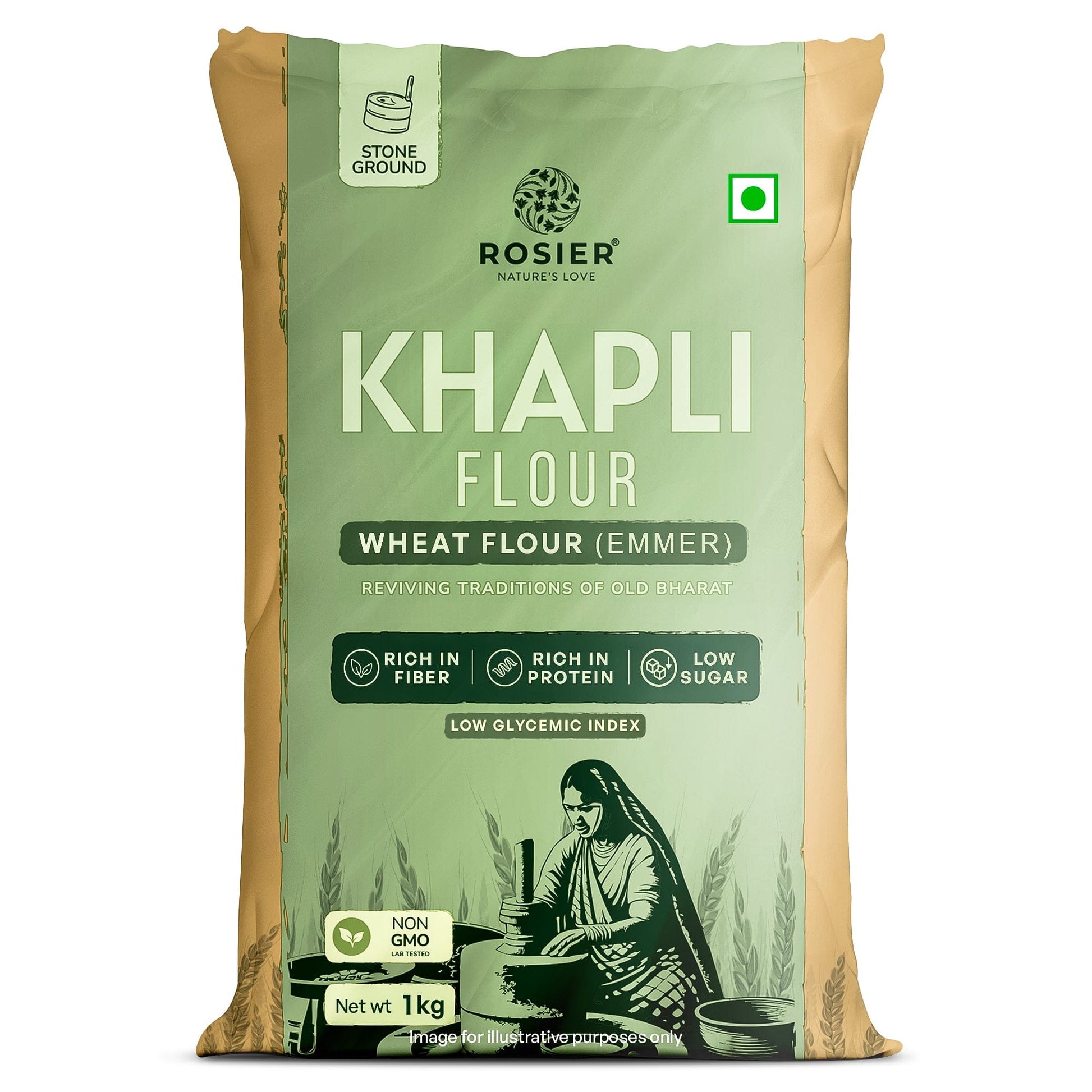 Khapli (Emmer) Wheat Atta - Stone Ground Khapli Wheat Flour – Low GI, High Fiber – 100% Non-GMO Heritage Grain – Supports Digestion & Metabolic Health 1 Kg
