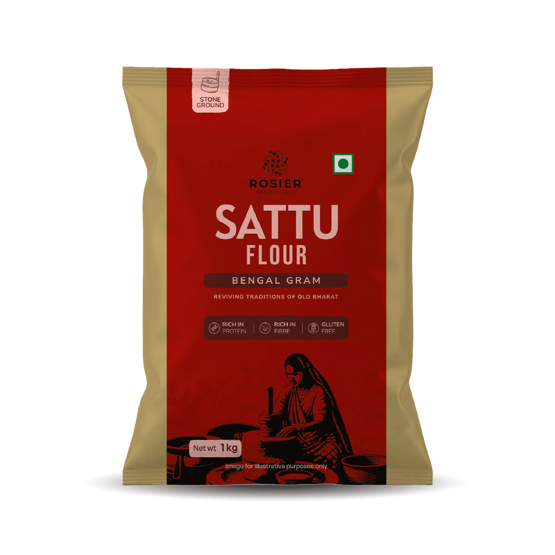 Rosier Foods Sattu Atta 1kg – Roasted Gram Flour – High Protein & Fiber – No Maida, Stone-Ground Whole Grain Atta 1 Kg