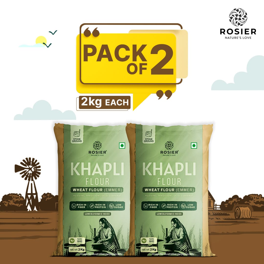 Khapli (Emmer) Wheat Atta - Stone Ground Khapli Wheat Flour – Low GI, High Fiber – 100% Non-GMO Heritage Grain – Supports Digestion & Metabolic Health 2Kg + 2Kg