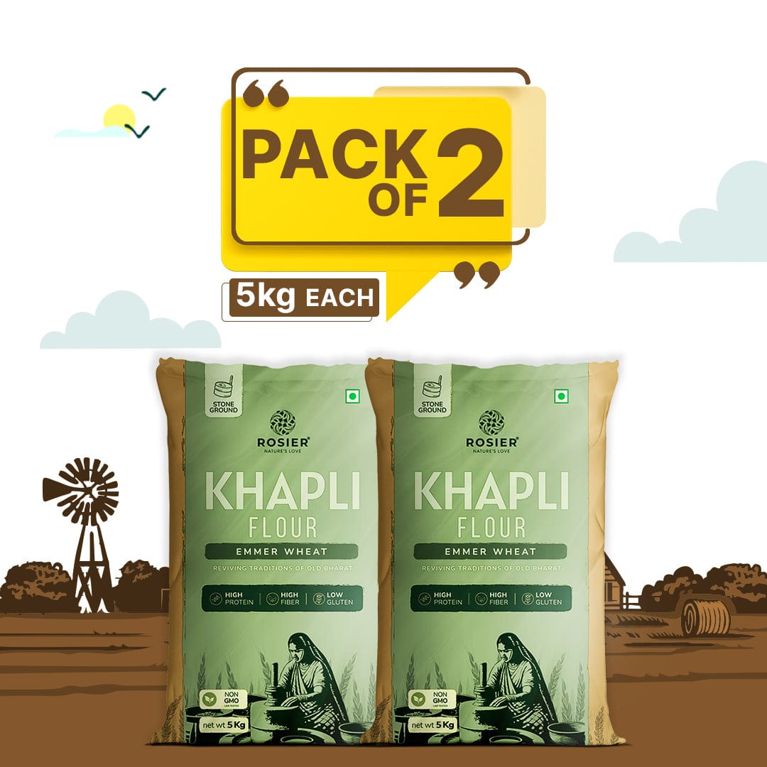Khapli (Emmer) Wheat Atta - Stone Ground Khapli Wheat Flour – Low GI, High Fiber – 100% Non-GMO Heritage Grain – Supports Digestion & Metabolic Health 5Kg + 5Kg