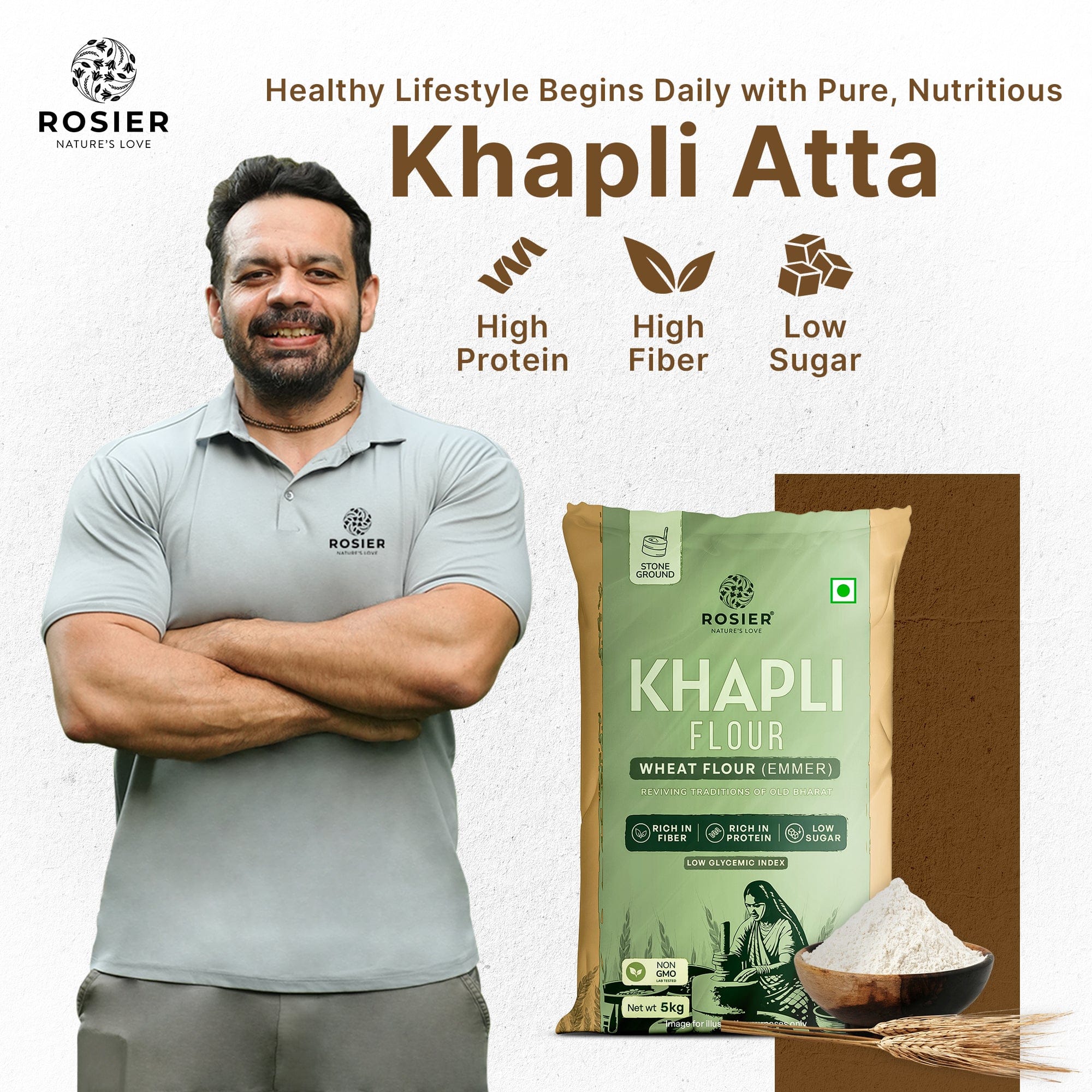 Khapli (Emmer) Wheat Atta - Stone Ground Khapli Wheat Flour – Low GI, High Fiber – 100% Non-GMO Heritage Grain – Supports Digestion & Metabolic Health 5Kg + 5Kg