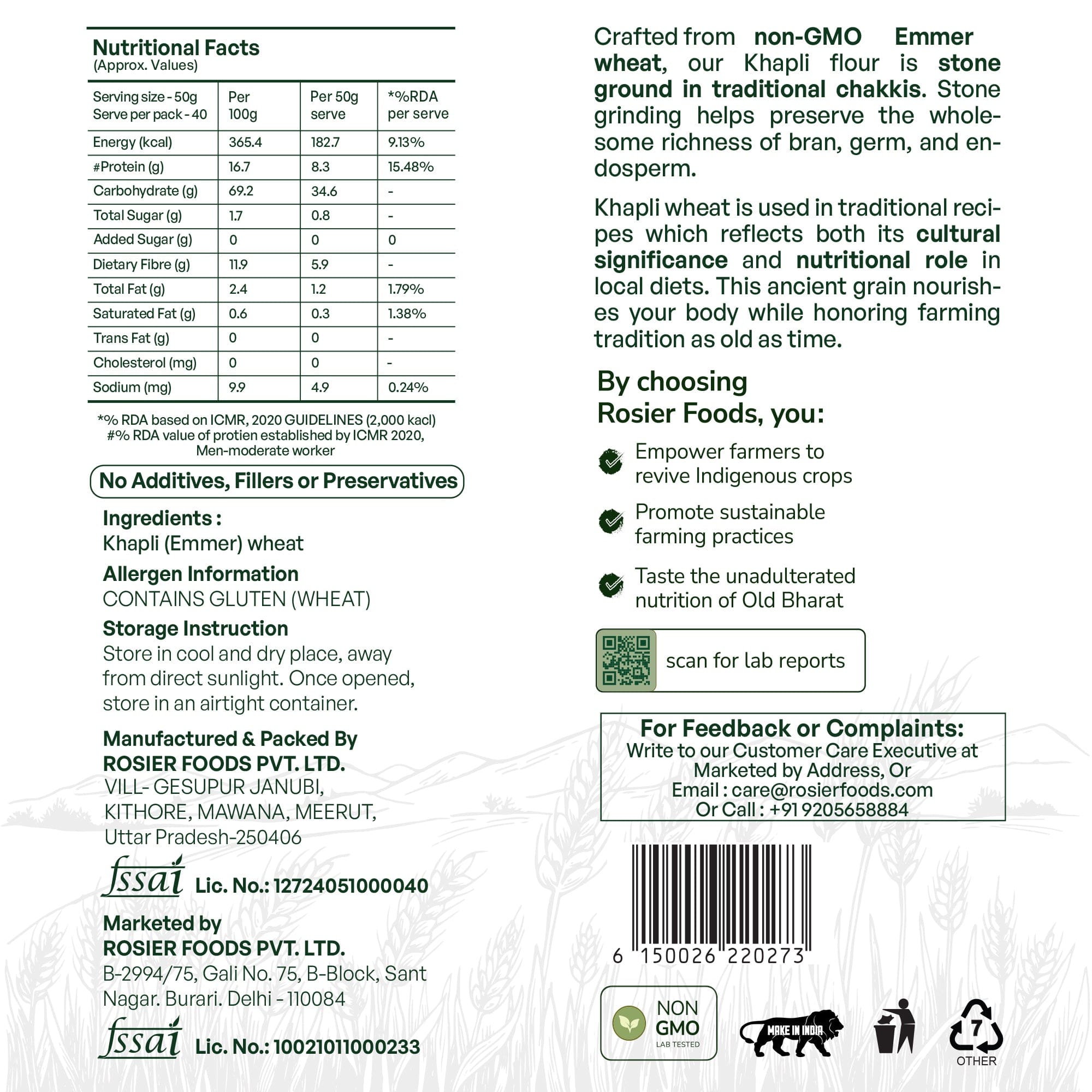 Khapli (Emmer) Wheat Atta - Stone Ground Khapli Wheat Flour – Low GI, High Fiber – 100% Non-GMO Heritage Grain – Supports Digestion & Metabolic Health