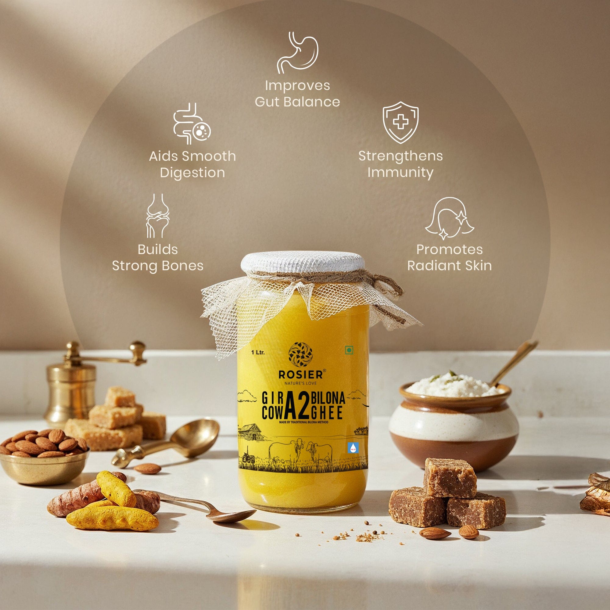 Buy A2 Gir Cow Desi Ghee – 100% Grass-Fed Bilona Method – Rich in Vitamins A, E, K – Boosts Digestion, Gut & Joint Health 1 Ltr