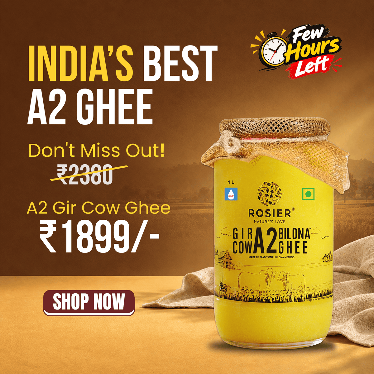 A2 Cow Ghee 1L | Pure Gir Cow Bilona Ghee | Rosier Foods 1 Ltr