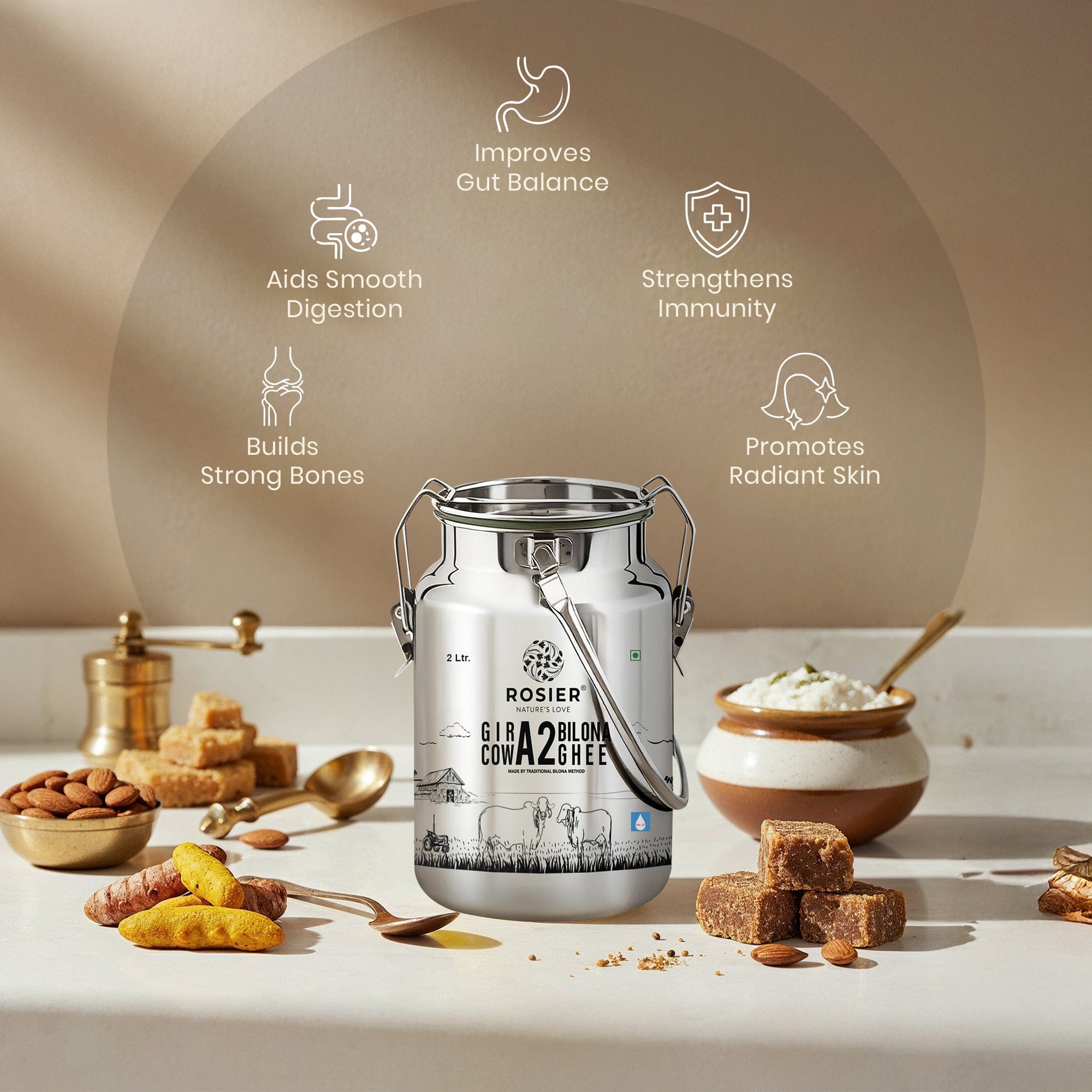 Buy A2 Gir Cow Desi Ghee – 100% Grass-Fed Bilona Method – Rich in Vitamins A, E, K – Boosts Digestion, Gut & Joint Health 2 Ltr (Steel Dolchi)