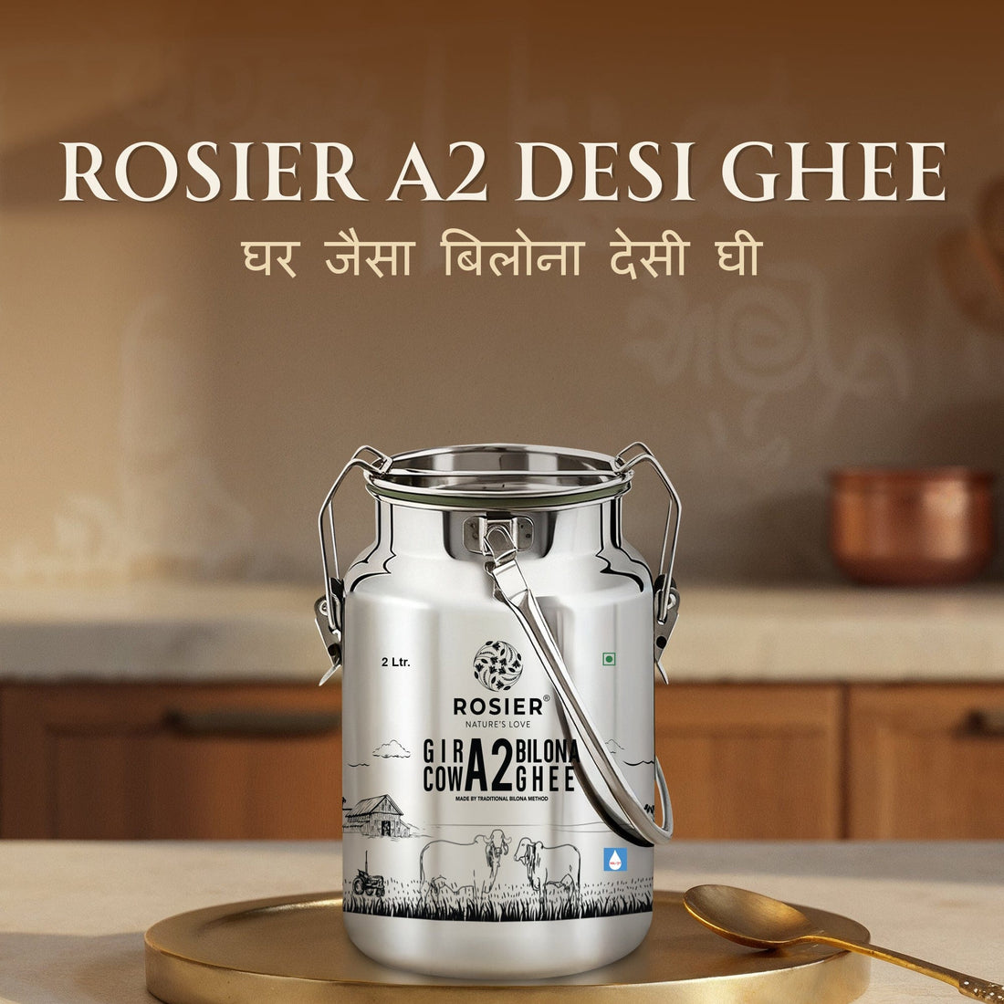 Buy A2 Gir Cow Desi Ghee – 100% Grass-Fed Bilona Method – Rich in Vitamins A, E, K – Boosts Digestion, Gut & Joint Health 2 Ltr (Steel Dolchi)