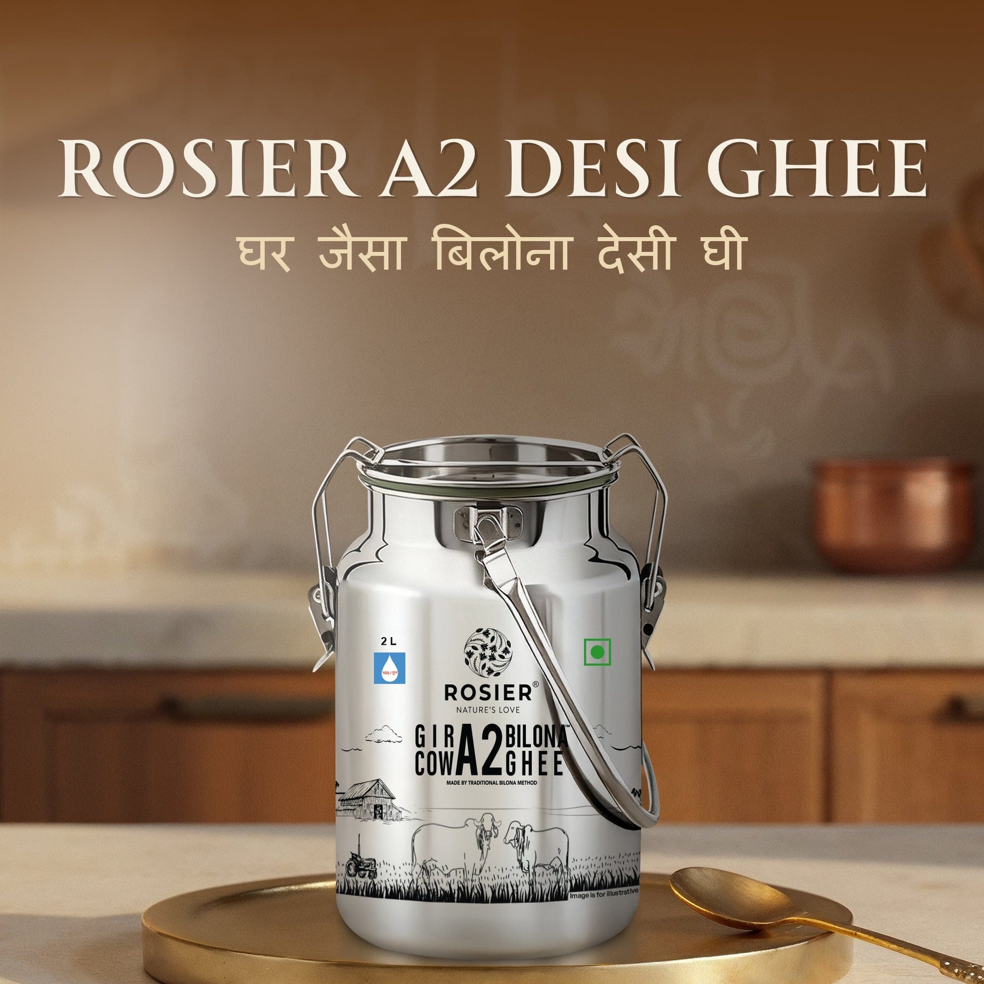 Buy A2 Gir Cow Desi Ghee – 100% Grass-Fed Bilona Method – Rich in Vitamins A, E, K – Boosts Digestion, Gut & Joint Health 2 Ltr (Steel Dolchi)