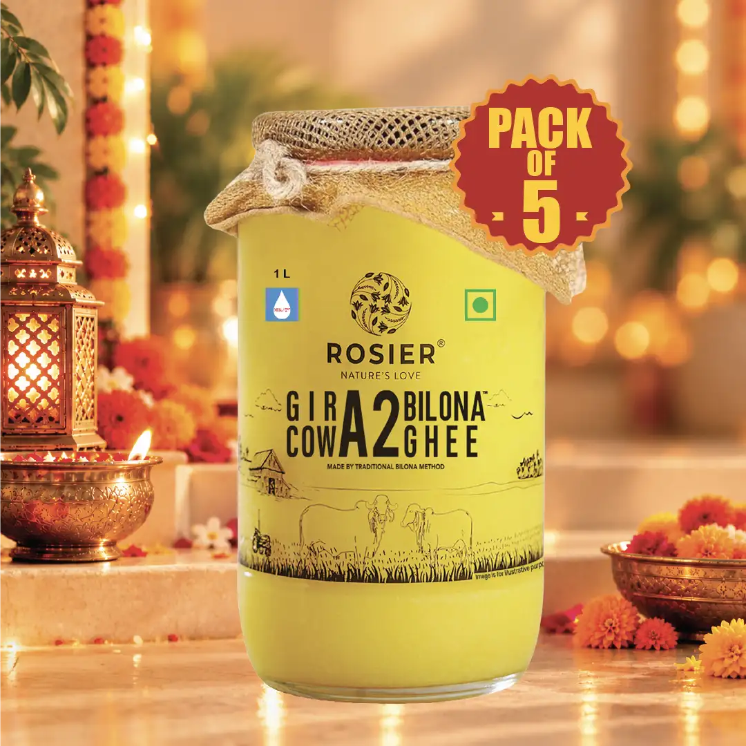 Buy A2 Gir Cow Desi Ghee – 100% Grass-Fed Bilona Method – Rich in Vitamins A, E, K – Boosts Digestion, Gut & Joint Health 5 Ltr (5 Glass Jars)