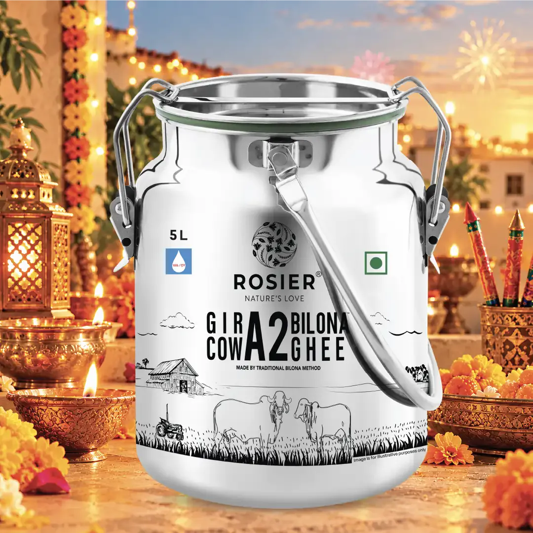 Buy A2 Gir Cow Desi Ghee – 100% Grass-Fed Bilona Method – Rich in Vitamins A, E, K – Boosts Digestion, Gut & Joint Health 5 Ltr (Steel Dolchi)