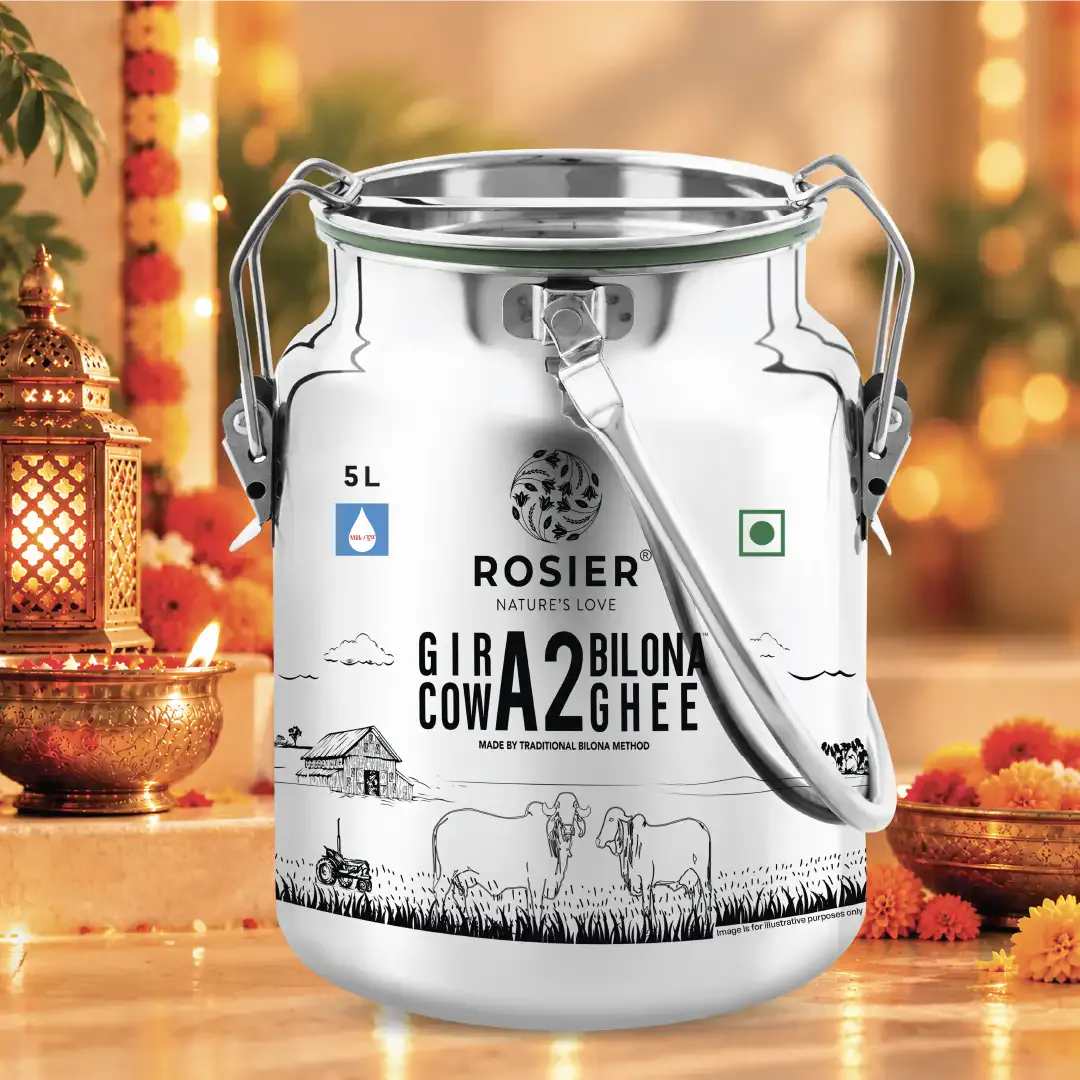 Buy A2 Gir Cow Desi Ghee – 100% Grass-Fed Bilona Method – Rich in Vitamins A, E, K – Boosts Digestion, Gut & Joint Health 5 Ltr (Steel Dolchi)