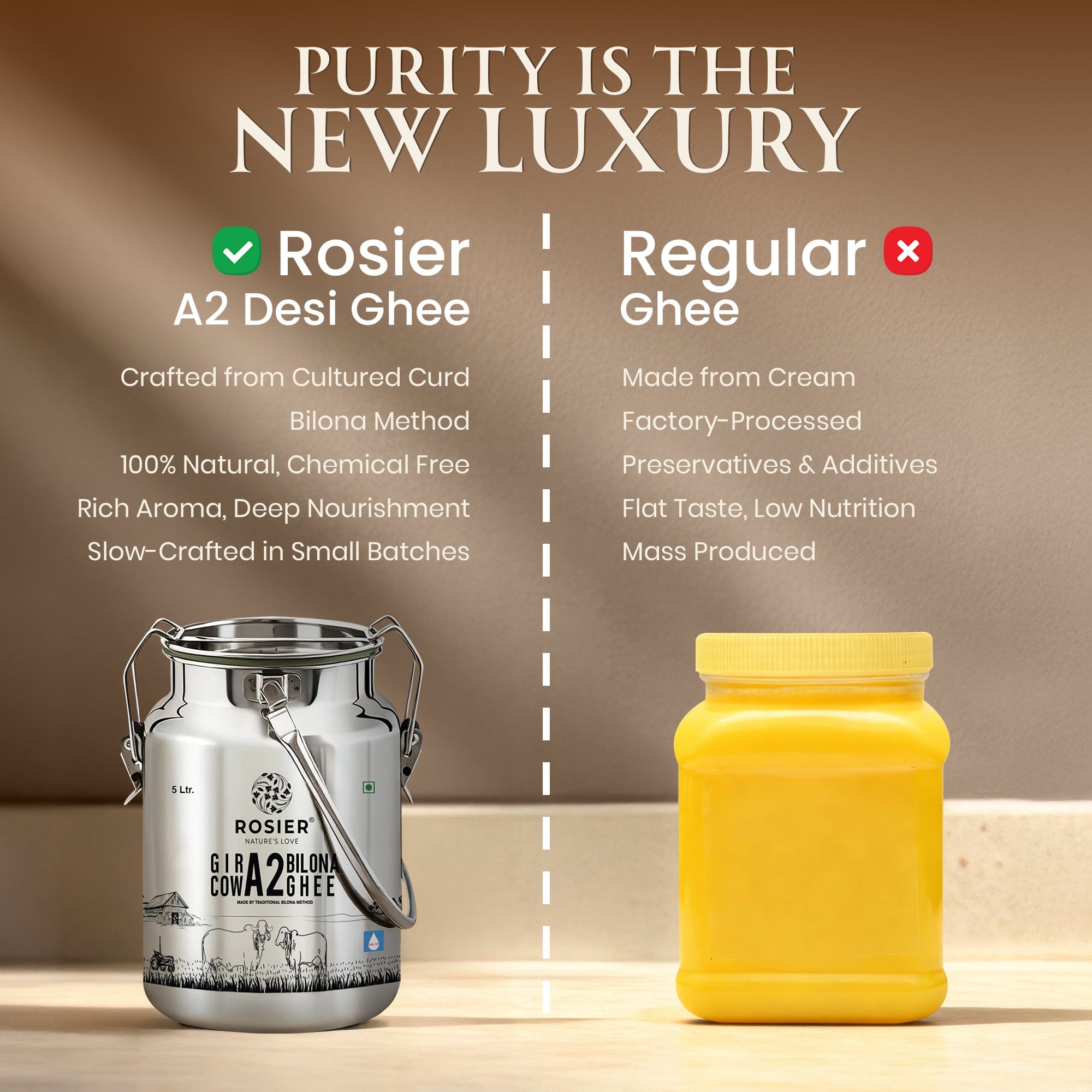 Buy A2 Gir Cow Desi Ghee – 100% Grass-Fed Bilona Method – Rich in Vitamins A, E, K – Boosts Digestion, Gut & Joint Health 5 Ltr (Steel Dolchi)