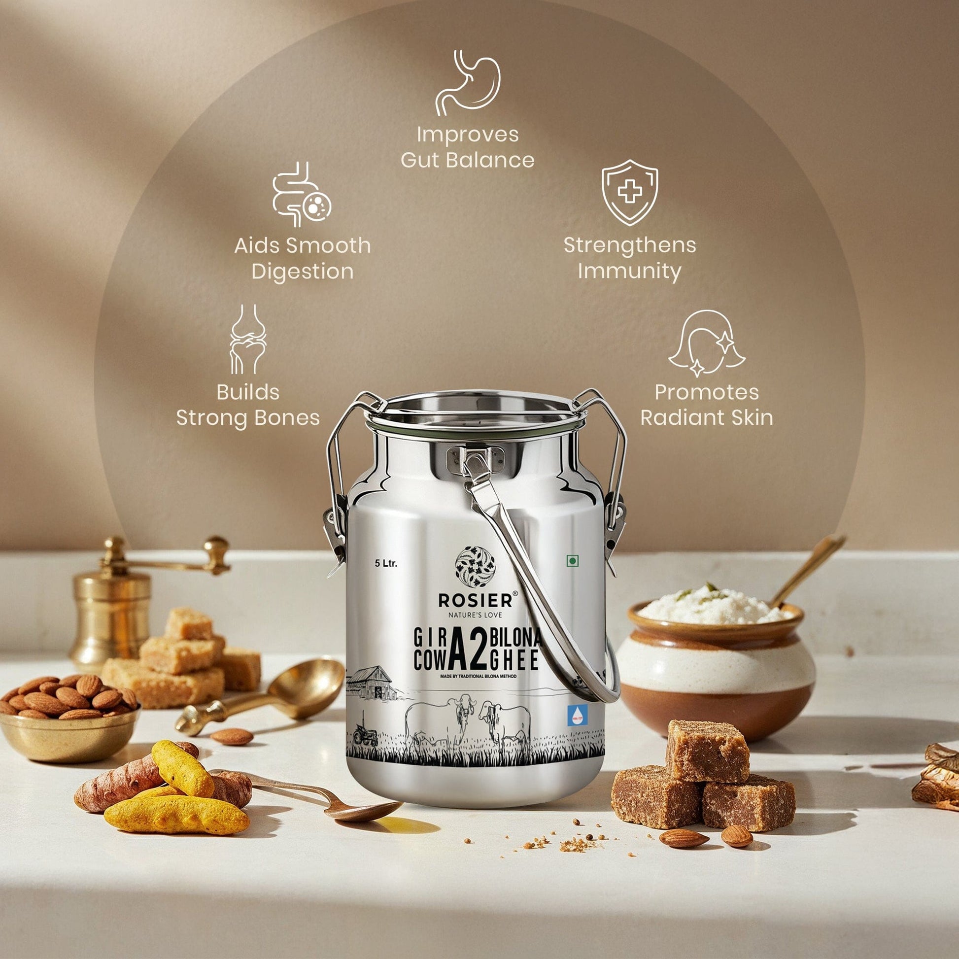 Buy A2 Gir Cow Desi Ghee – 100% Grass-Fed Bilona Method – Rich in Vitamins A, E, K – Boosts Digestion, Gut & Joint Health 5 Ltr (Steel Dolchi)