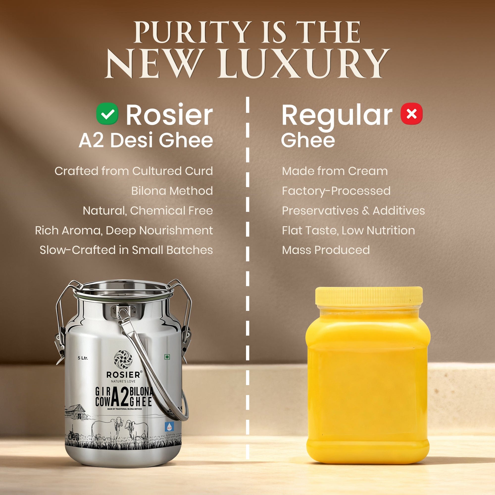 Buy A2 Gir Cow Desi Ghee – 100% Grass-Fed Bilona Method – Rich in Vitamins A, E, K – Boosts Digestion, Gut & Joint Health 5 Ltr (Steel Dolchi)