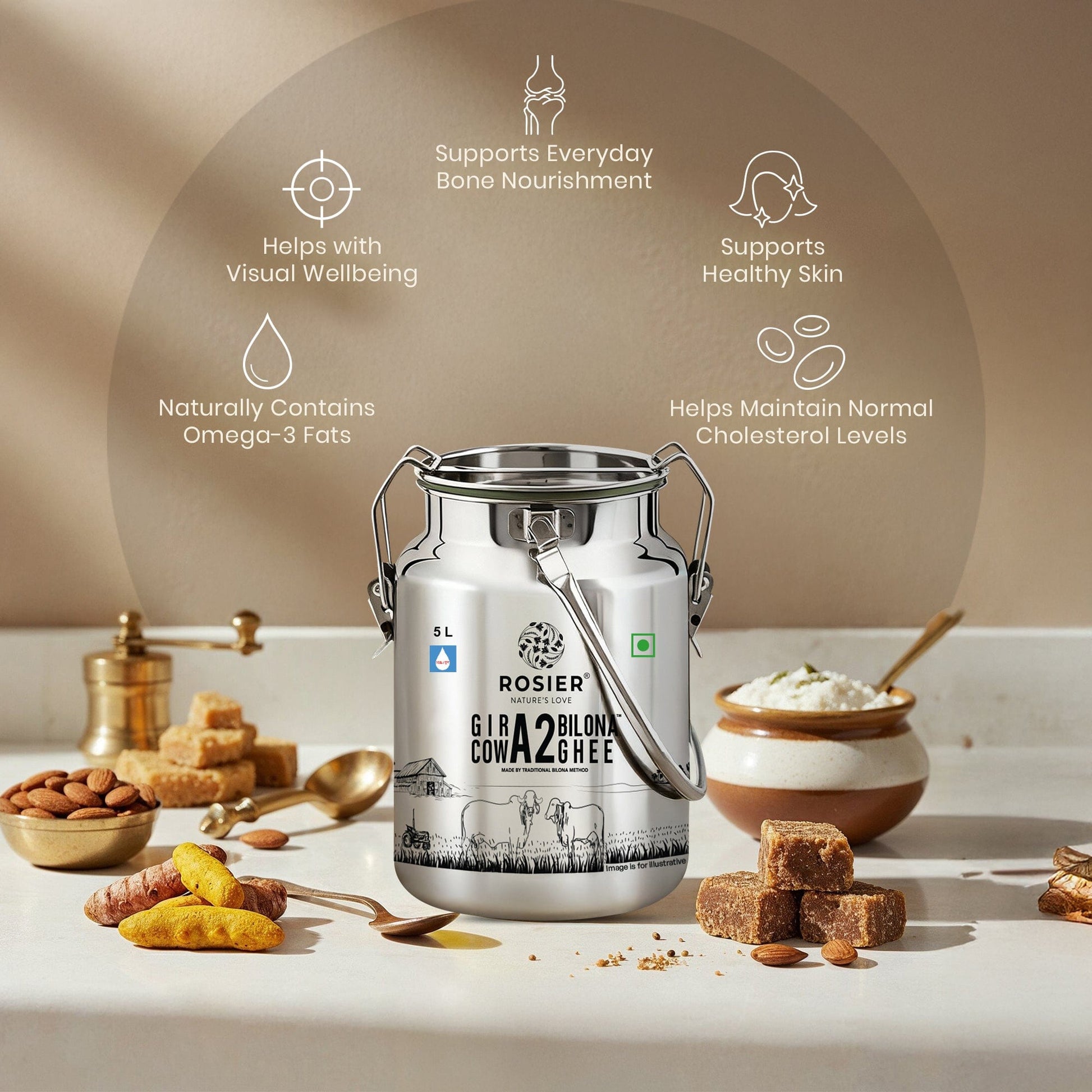 Buy A2 Gir Cow Desi Ghee – 100% Grass-Fed Bilona Method – Rich in Vitamins A, E, K – Boosts Digestion, Gut & Joint Health 5 Ltr (Steel Dolchi)