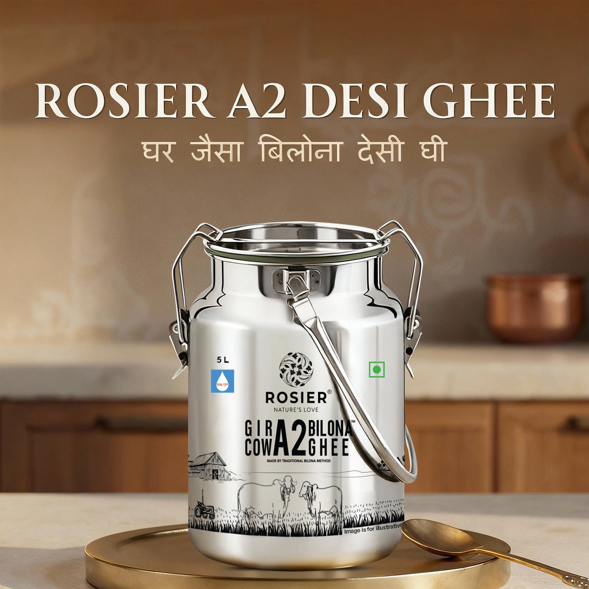 Buy A2 Gir Cow Desi Ghee – 100% Grass-Fed Bilona Method – Rich in Vitamins A, E, K – Boosts Digestion, Gut & Joint Health 5 Ltr (Steel Dolchi)