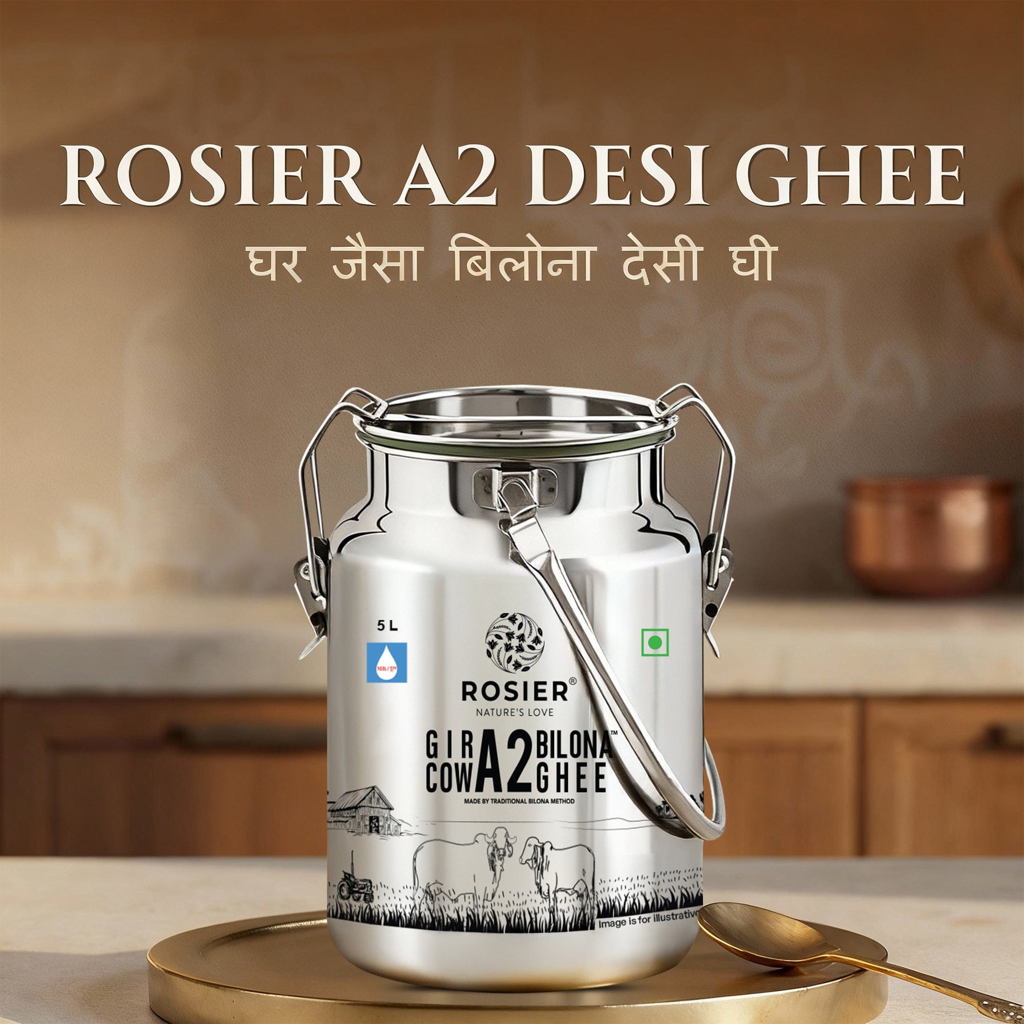 Buy A2 Gir Cow Desi Ghee – 100% Grass-Fed Bilona Method – Rich in Vitamins A, E, K – Boosts Digestion, Gut & Joint Health 5 Ltr (Steel Dolchi)