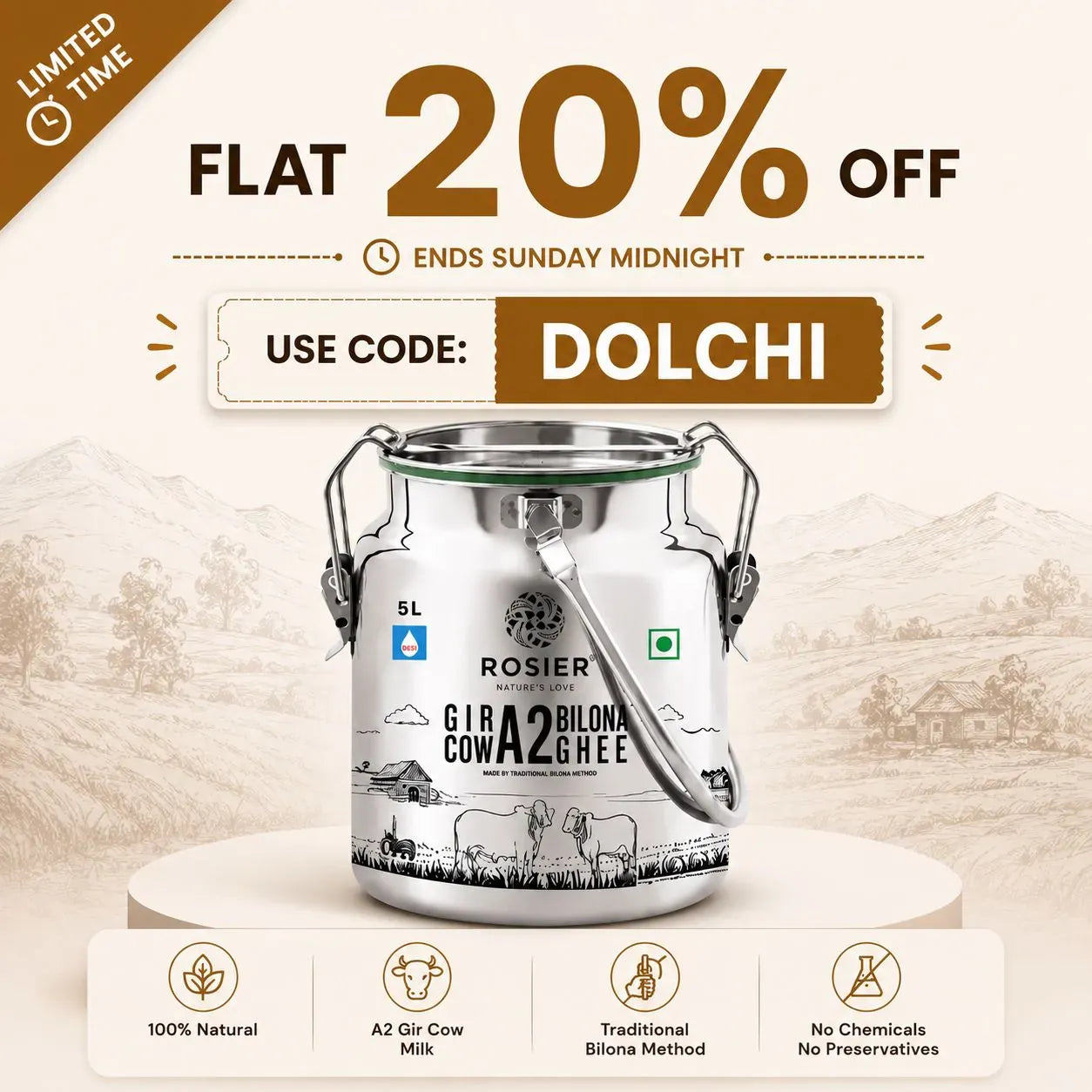 Bilona Cow Ghee - A2 Gir Cow Ghee Made From Curd | 5L Steel Dolchi 5 Ltr (Steel Dolchi)
