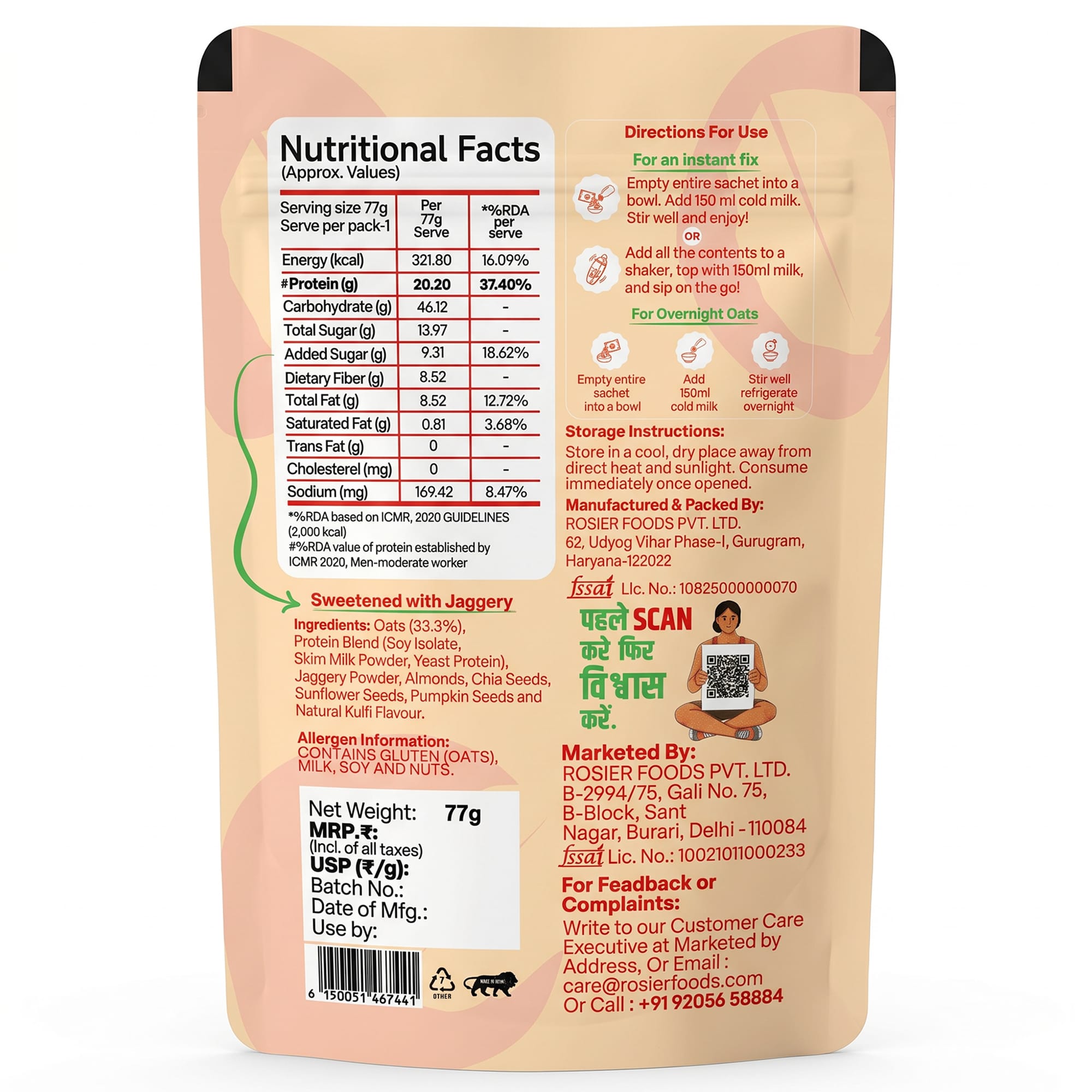 Rosier Foods High Protein Oats Kulfi Masti pouch showing the back packaging with nutrition and product details
