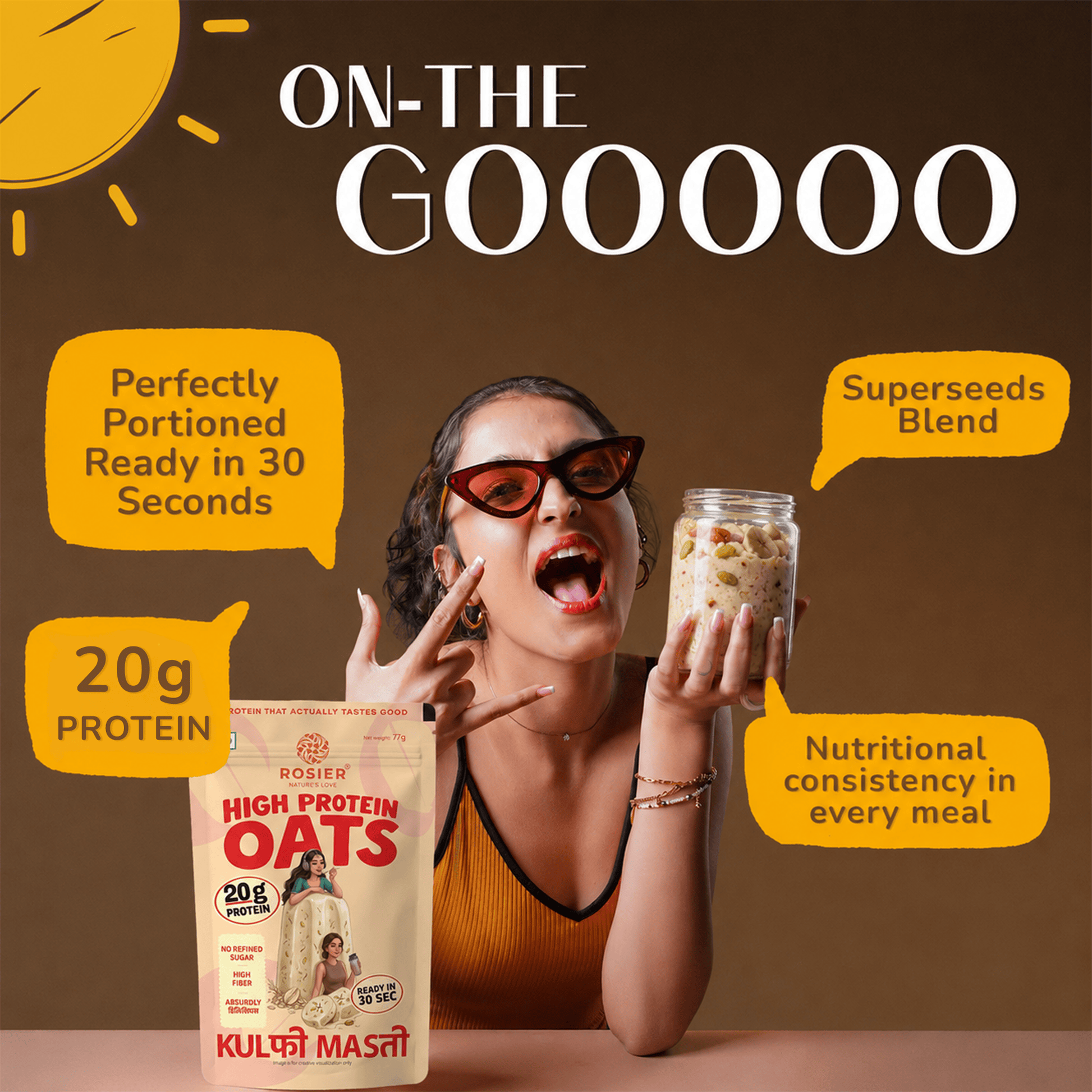 Rosier Foods High Protein Oats Kulfi Masti product pouch displayed with branded packaging and flavor text