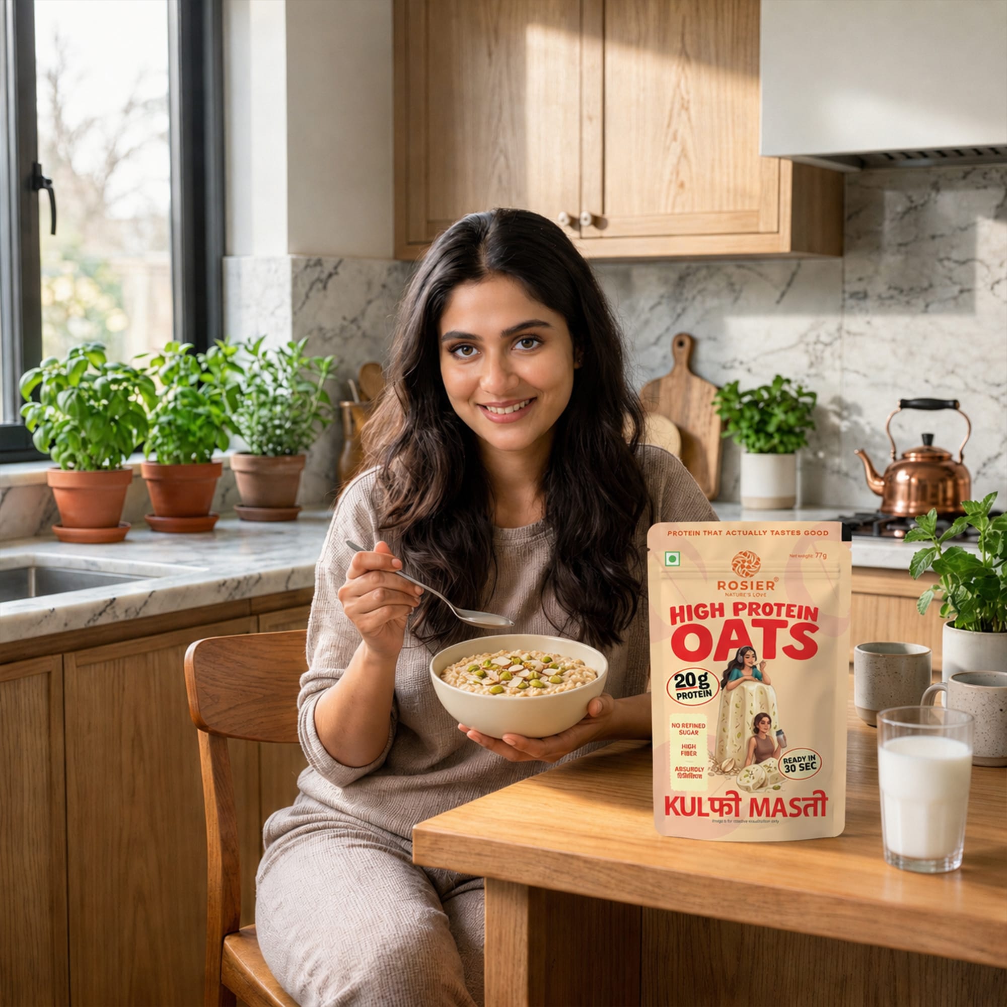 Rosier Foods High Protein Oats Kulfi Masti pouch with visible packaging artwork and product label details