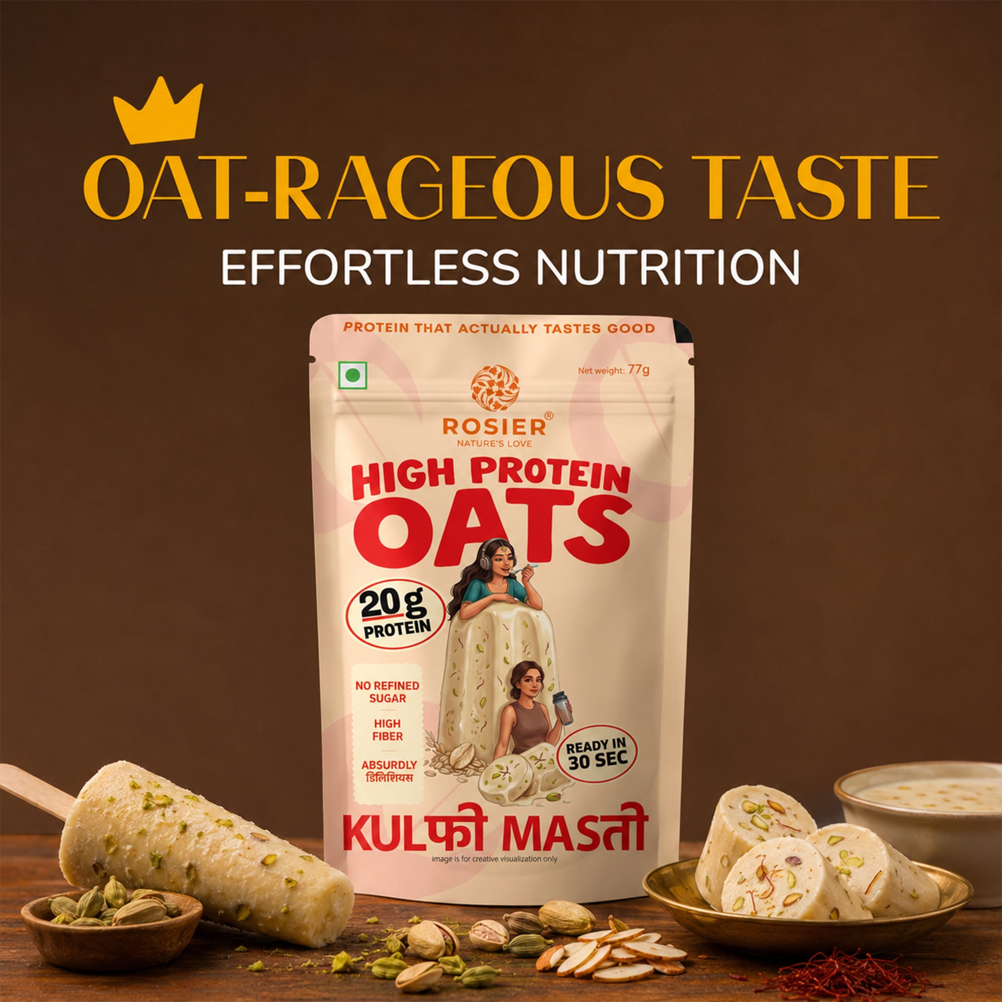 Rosier Foods High Protein Oats Kulfi Masti pack showing product pouch design and flavor details