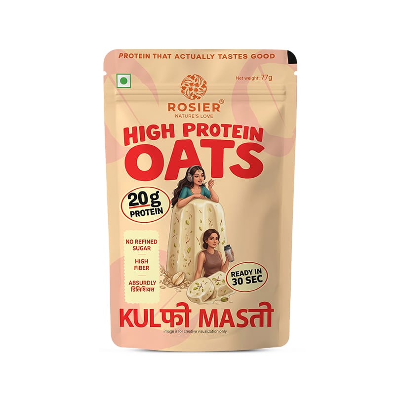 Rosier High Protein Oats Kulfi Masti pouch packaging, front view with product branding and flavor label