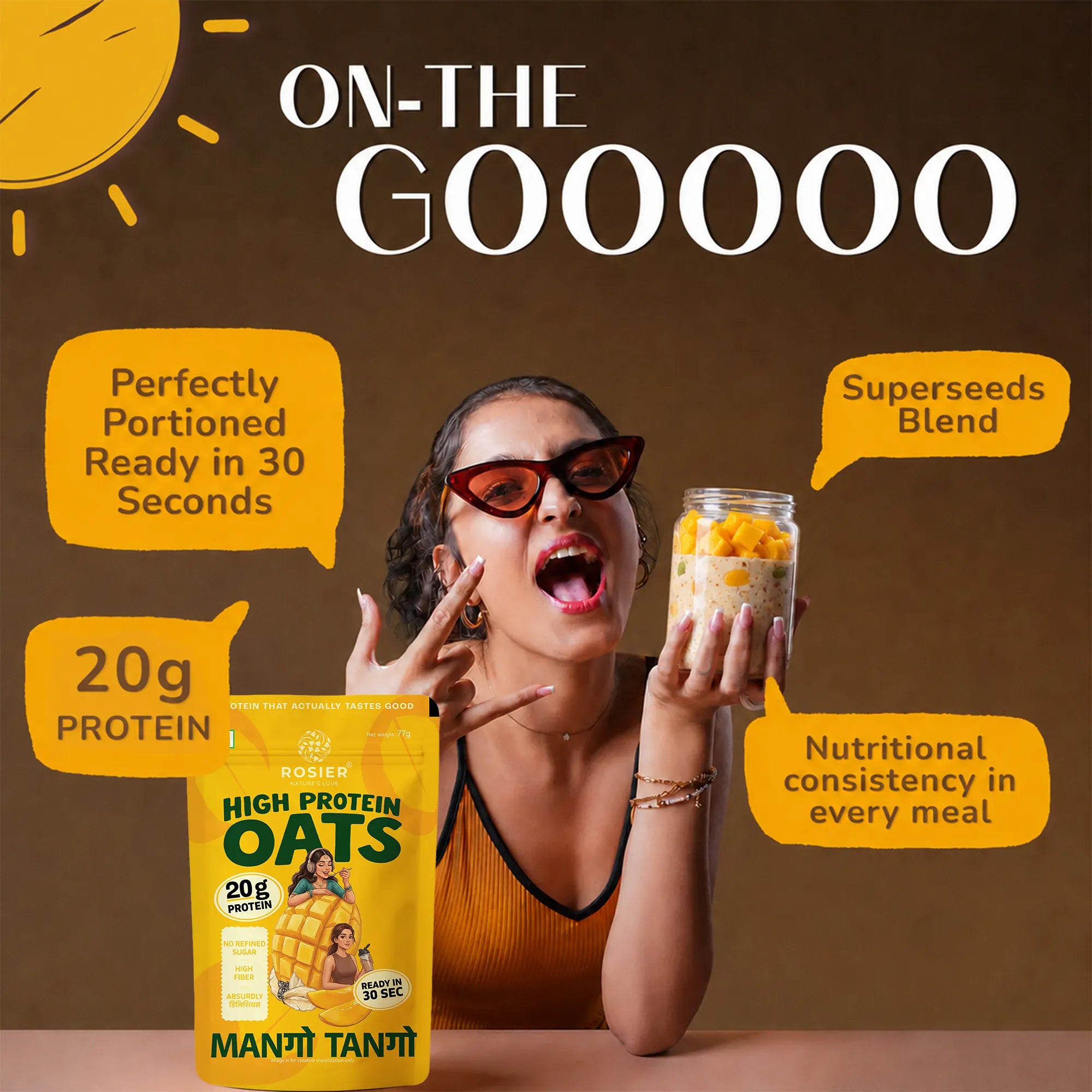 Rosier High Protein Oats Mango Tango pouch placed on a wooden surface