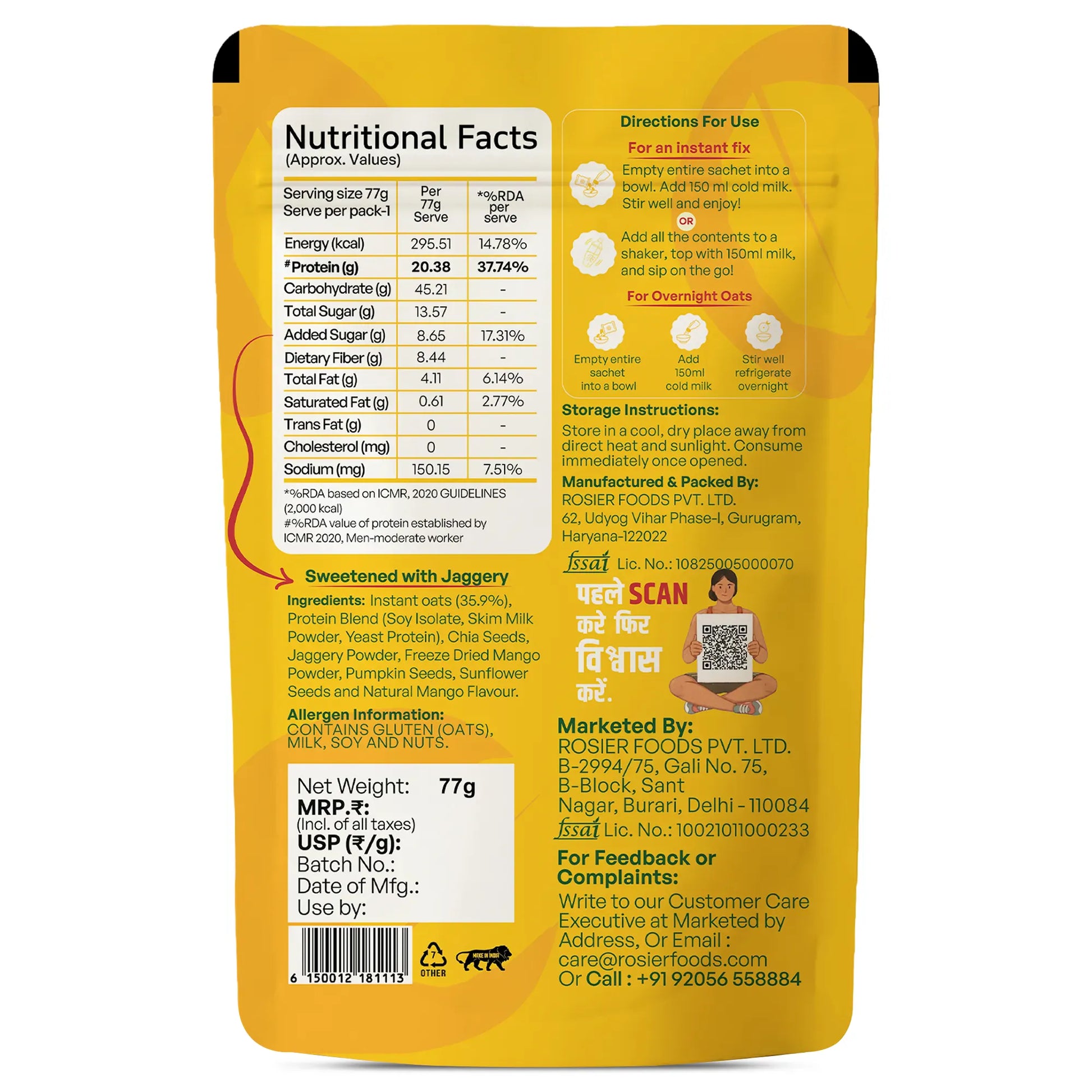 Rosier Foods High Protein Oats Mango Tango pouch displaying the back side with ingredients, nutrition facts, and product information