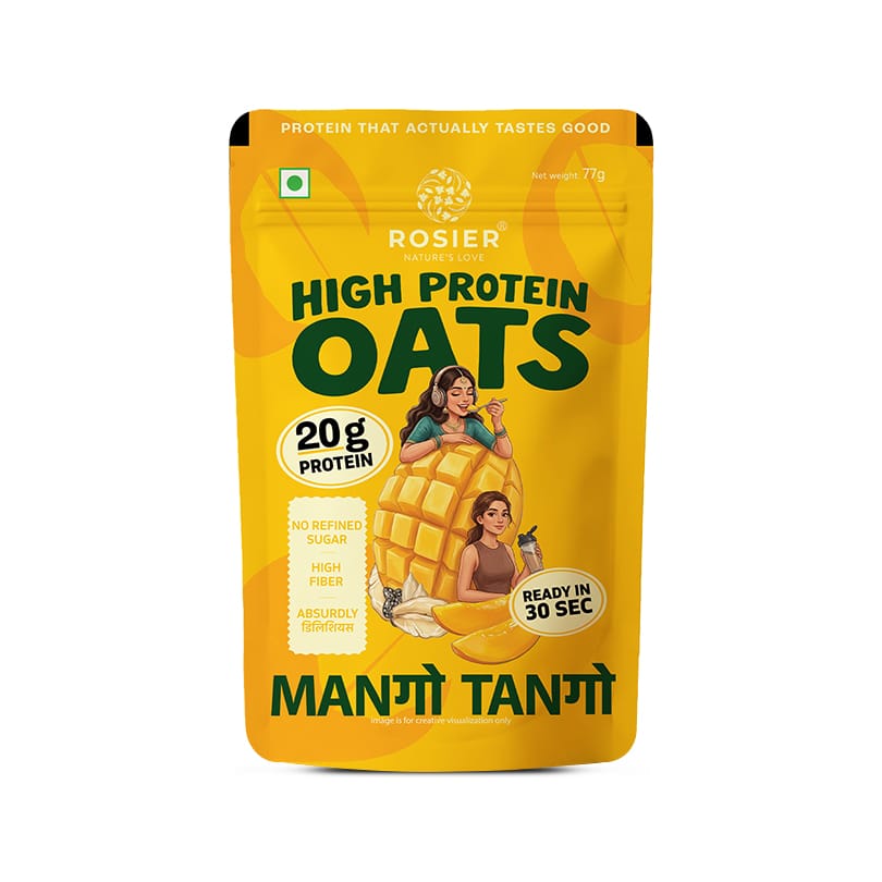 Rosier Foods High Protein Oats Mango Tango pouch packaging showing product branding and flavor label