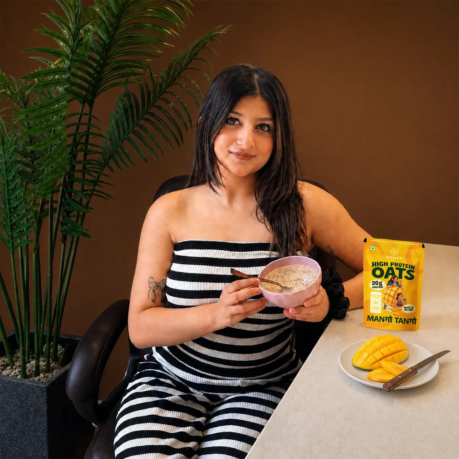 Rosier High Protein Oats Mango Tango pouch with mango-themed packaging and product branding
