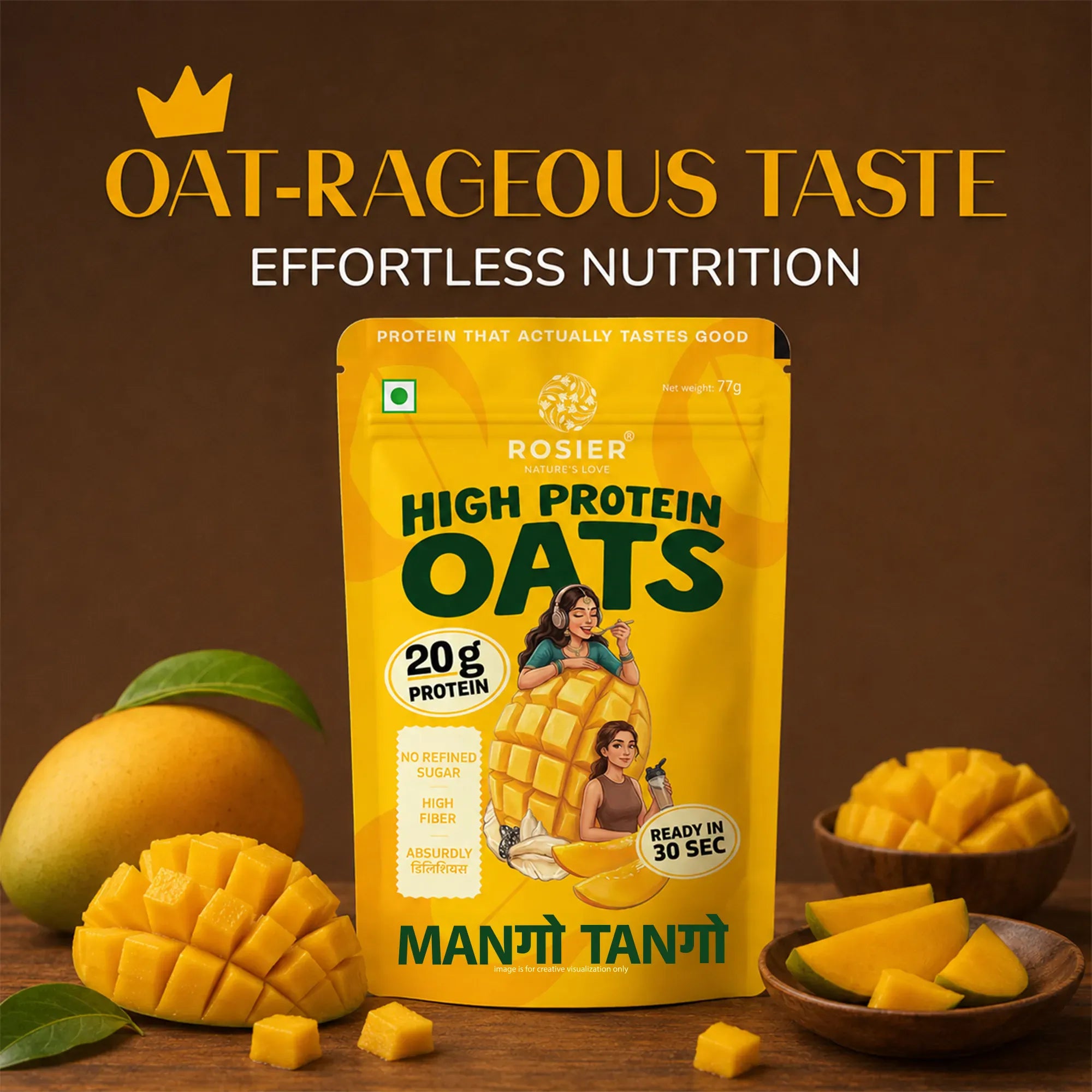 Rosier High Protein Oats Mango Tango pouch with mango pieces and product packaging displayed
