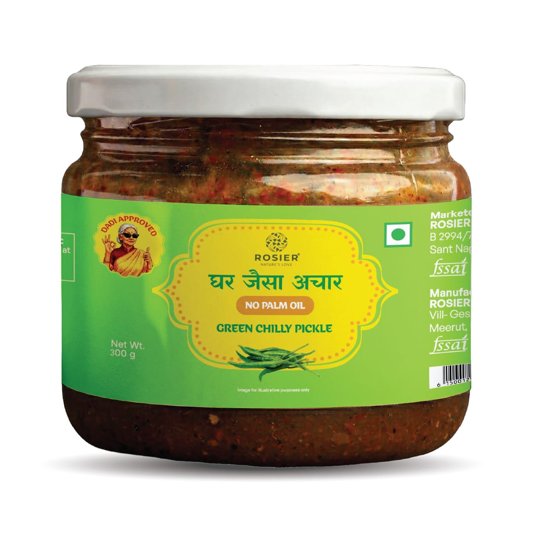 Green Chilli Pickle – Spicy Green Chilli Achar – Traditional Homemade Indian Pickle – Natural Ingredients – 300g Glass Jar - No Artificial Preservatives 300 Gms