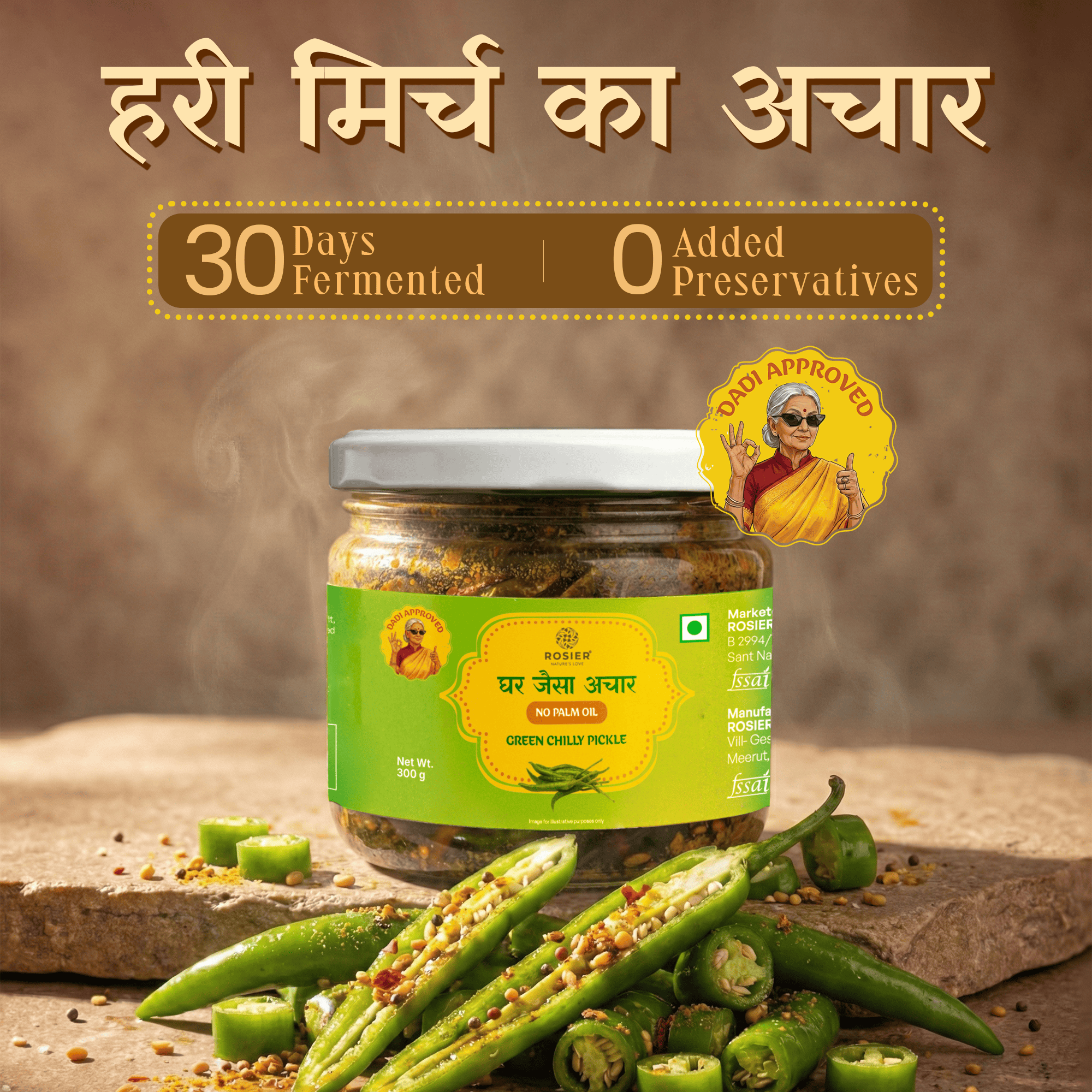 Green Chilli Pickle – Spicy Green Chilli Achar – Traditional Homemade Indian Pickle – Natural Ingredients – 300g Glass Jar - No Artificial Preservatives 300 Gms