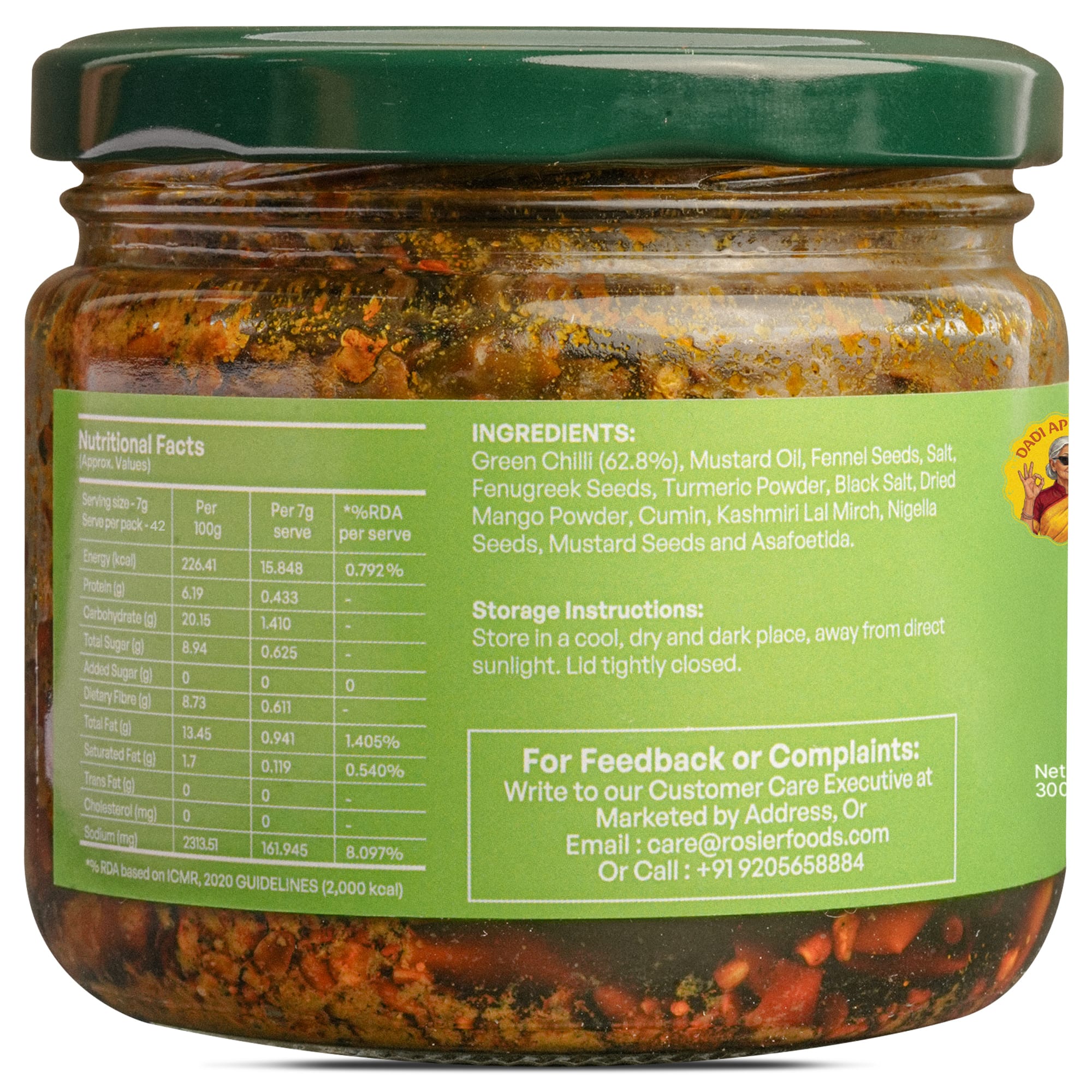 Green Chilli Pickle – Spicy Green Chilli Achar – Traditional Homemade Indian Pickle – Natural Ingredients – 300g Glass Jar - No Artificial Preservatives 300 Gms