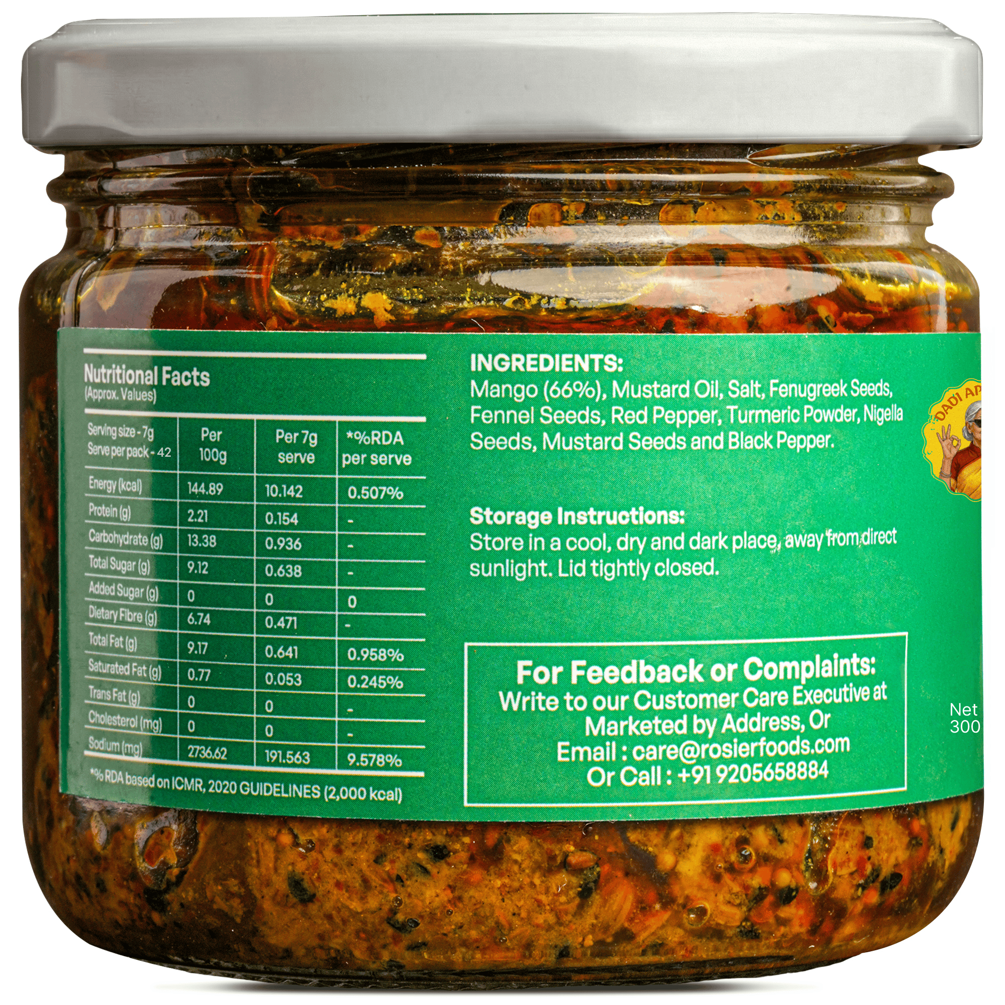 Mango Pickle – Aam Ka Achar – Traditional Homemade Indian Pickle – Natural Ingredients – 300g Glass Jar - No Artificial Preservatives 300 Gms
